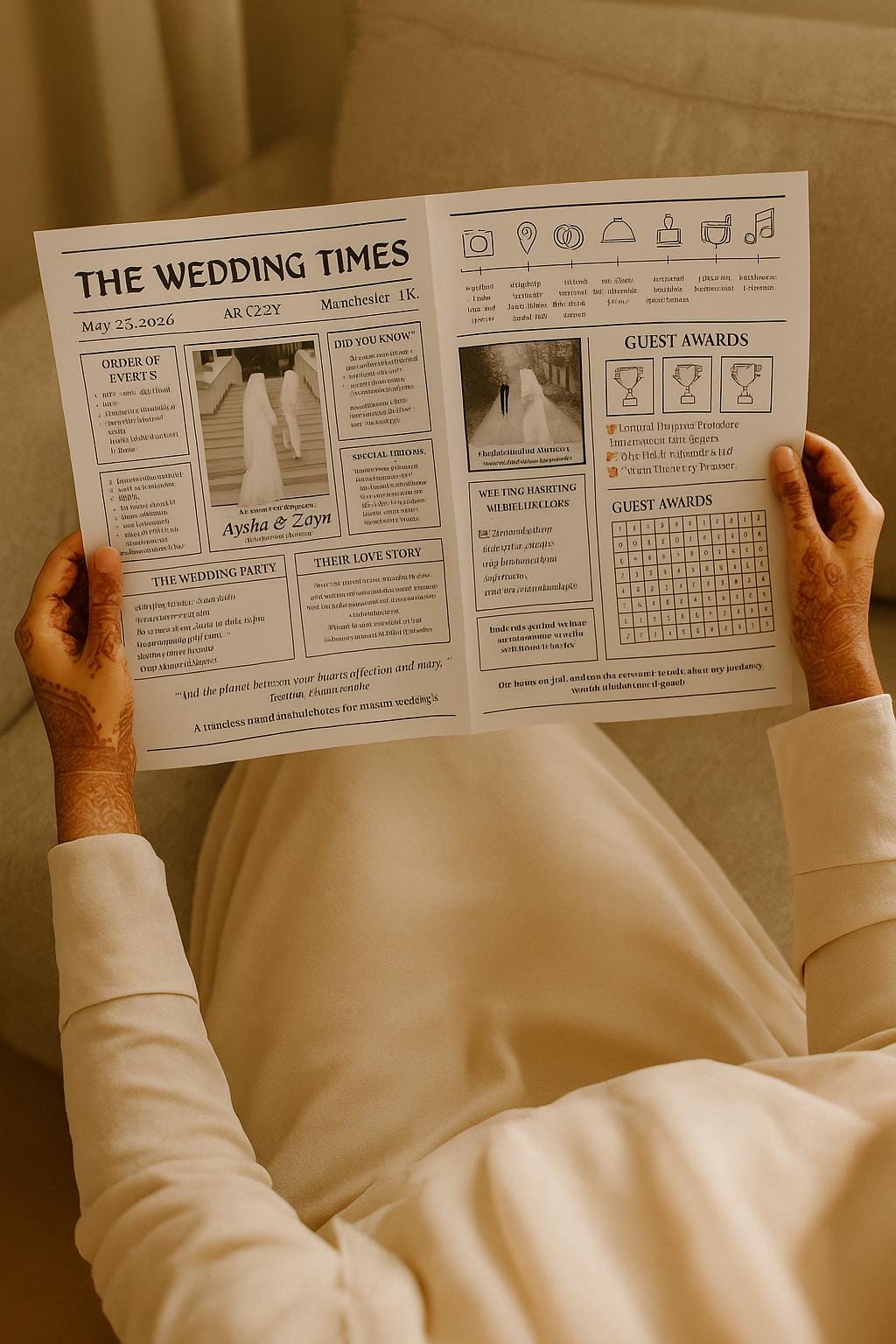 Muslim Wedding Newspaper Program: Nikkah Itinerary, Love Story (Digital Download, A4 Template)