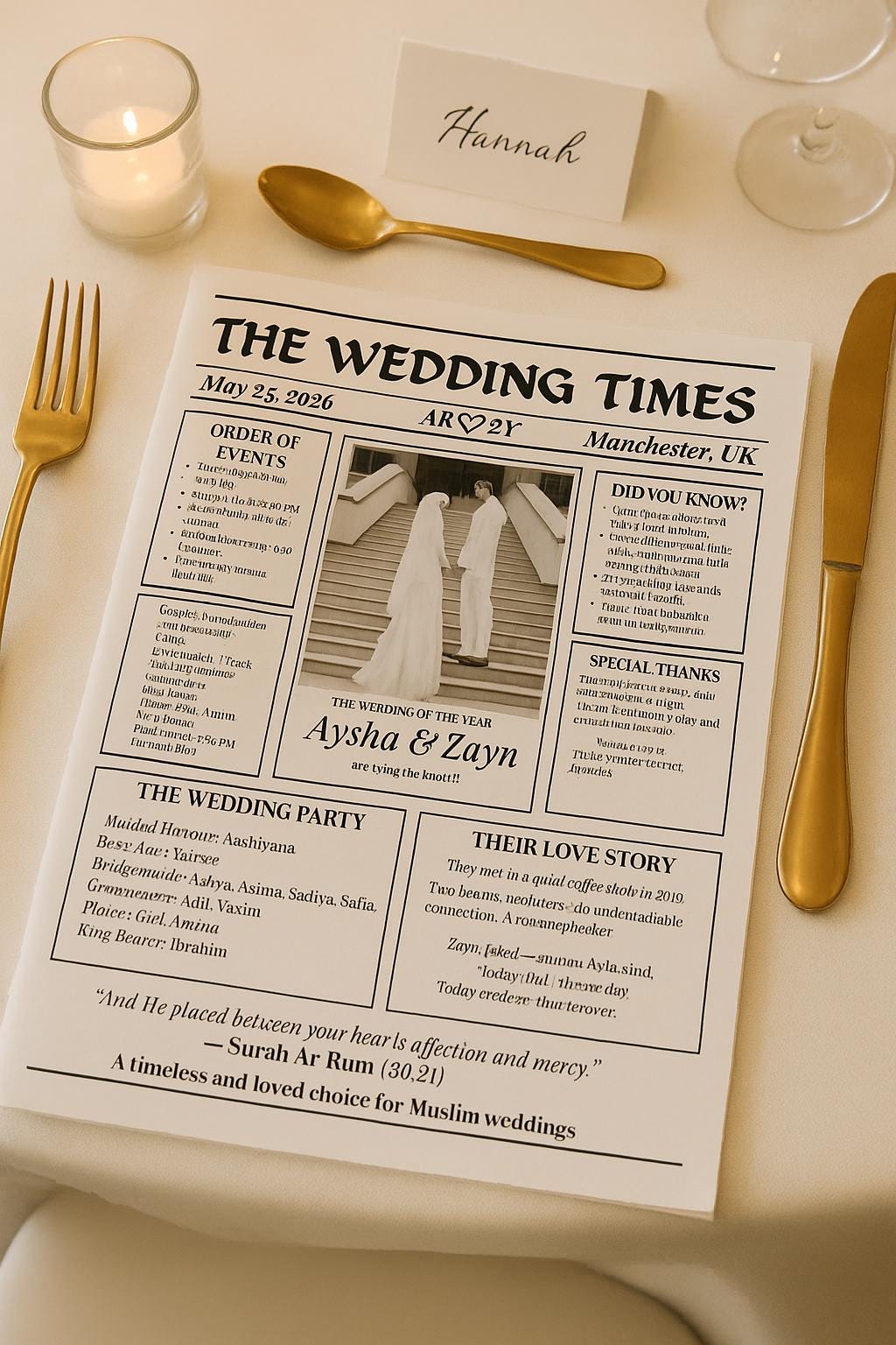 Muslim Wedding Newspaper Program: Nikkah Itinerary, Love Story (Digital Download, A4 Template)