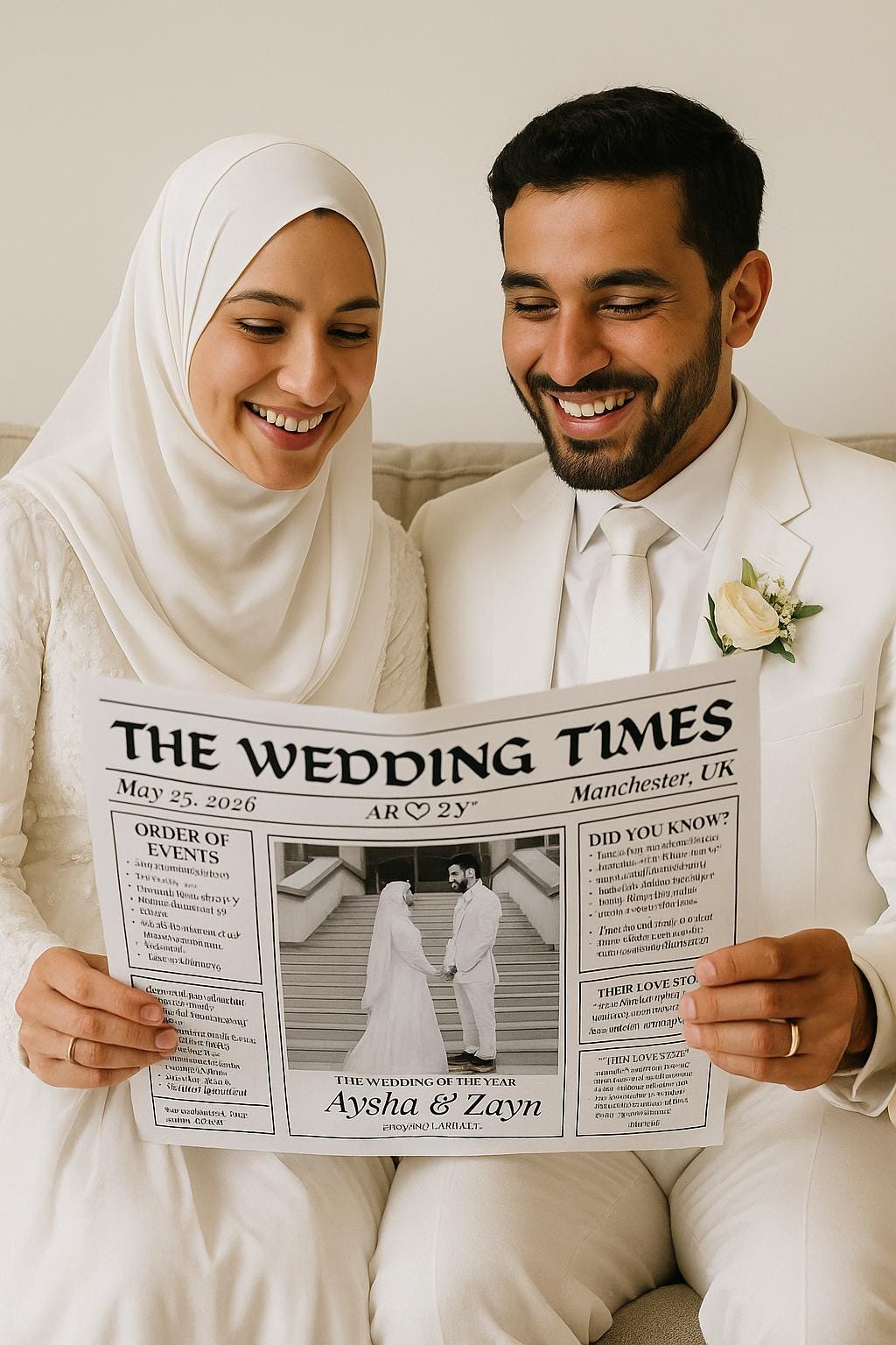 Muslim Wedding Newspaper Program: Nikkah Itinerary, Love Story (Digital Download, A4 Template)