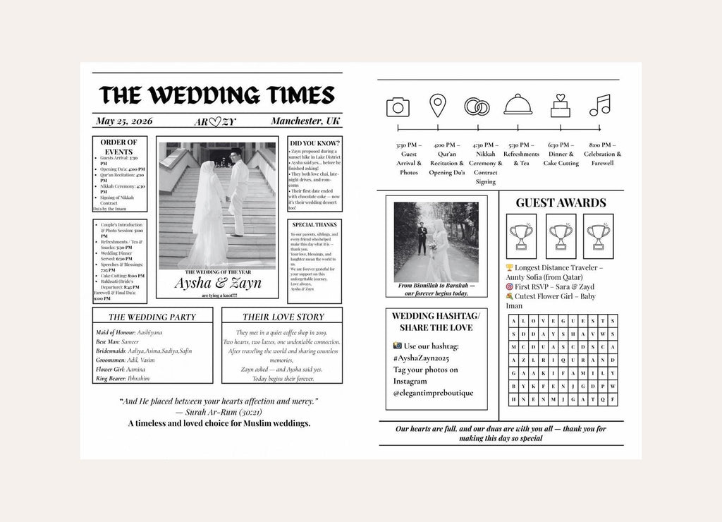 Muslim Wedding Newspaper Program: Nikkah Itinerary, Love Story (Digital Download, A4 Template)