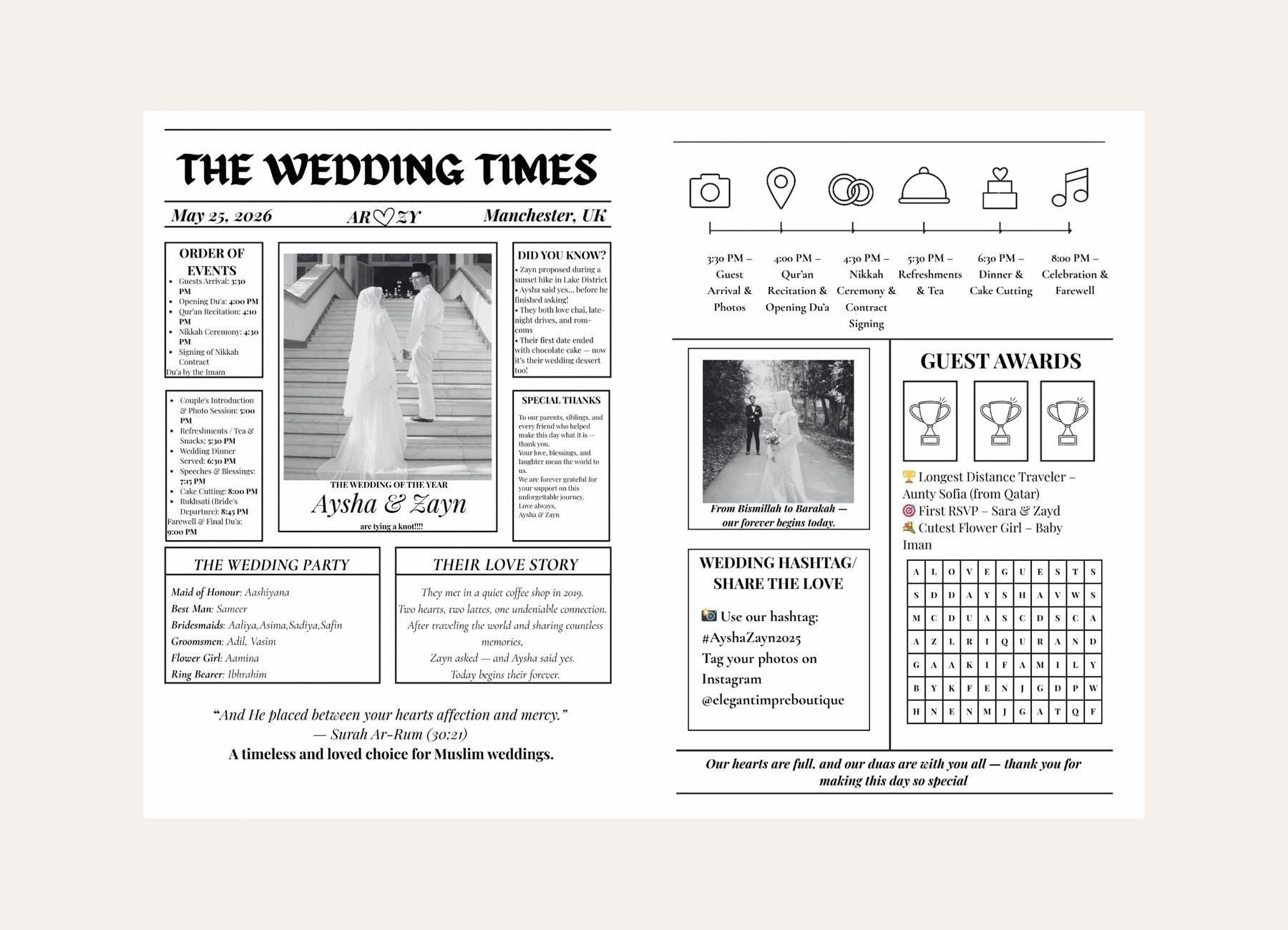 Muslim Wedding Newspaper Program: Nikkah Itinerary, Love Story (Digital Download, A4 Template)