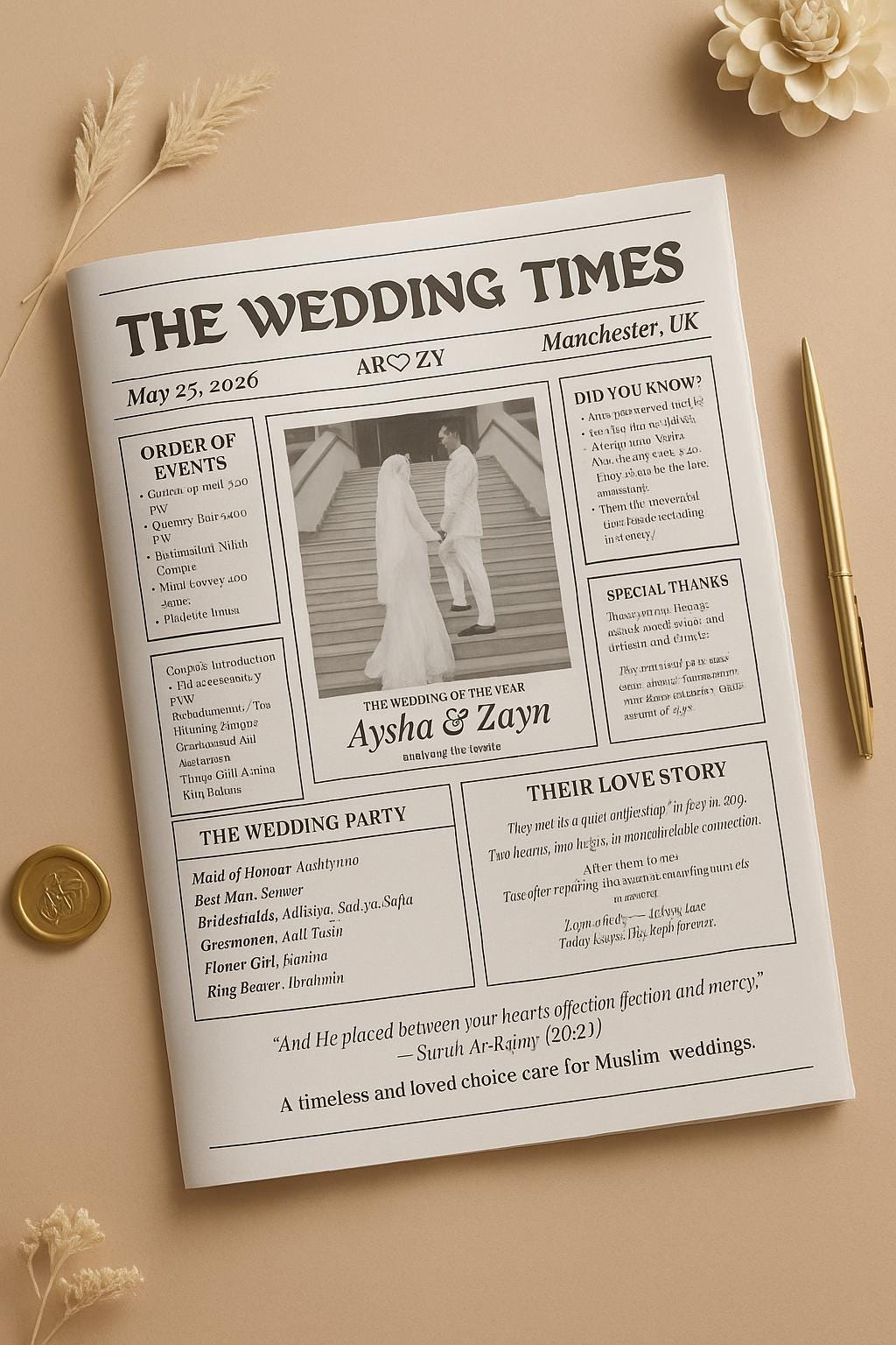 Muslim Wedding Newspaper Program: Nikkah Itinerary, Love Story (Digital Download, A4 Template)