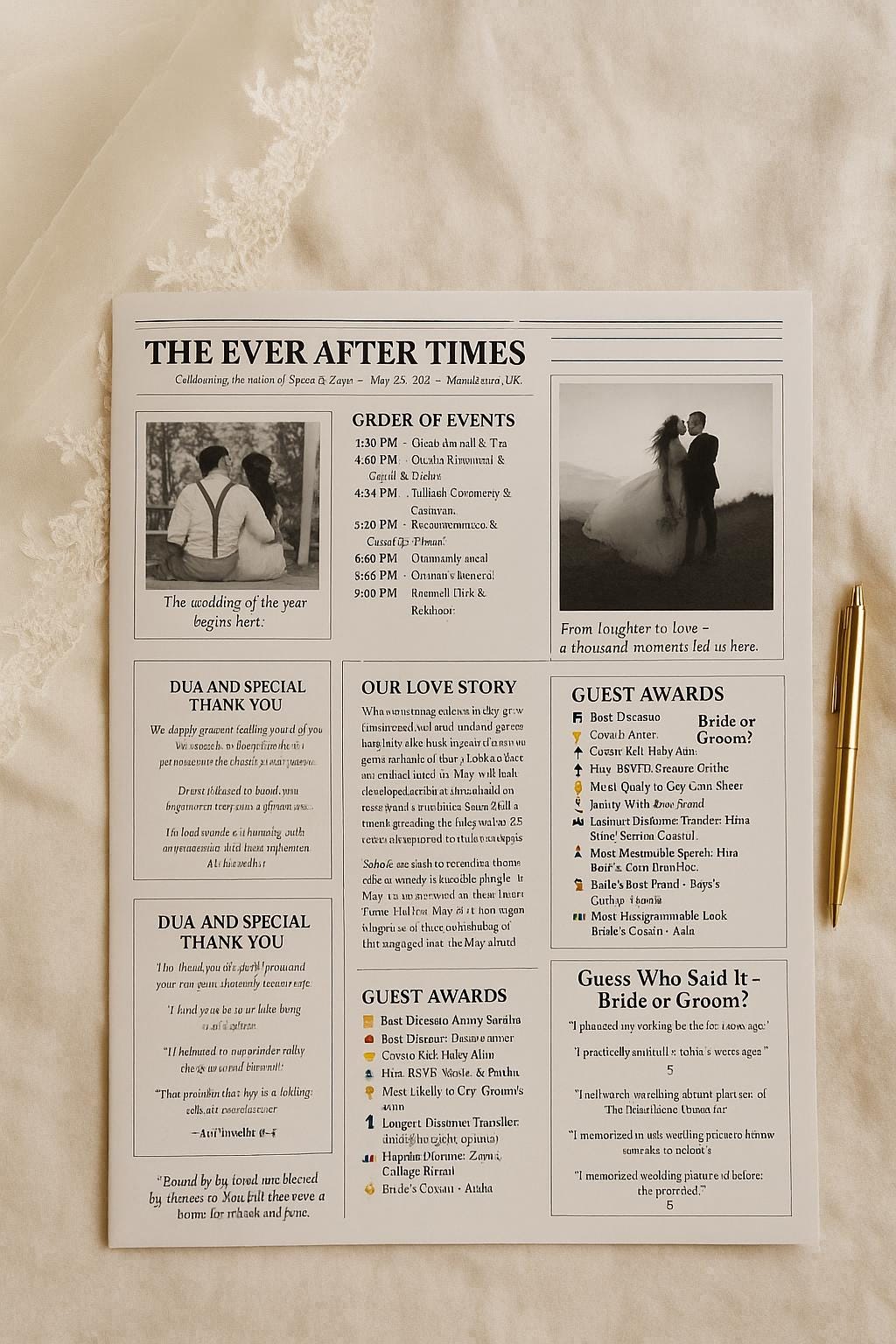 Elegant Muslim Wedding Newspaper Program: Editable Canva Template (Digital Download)