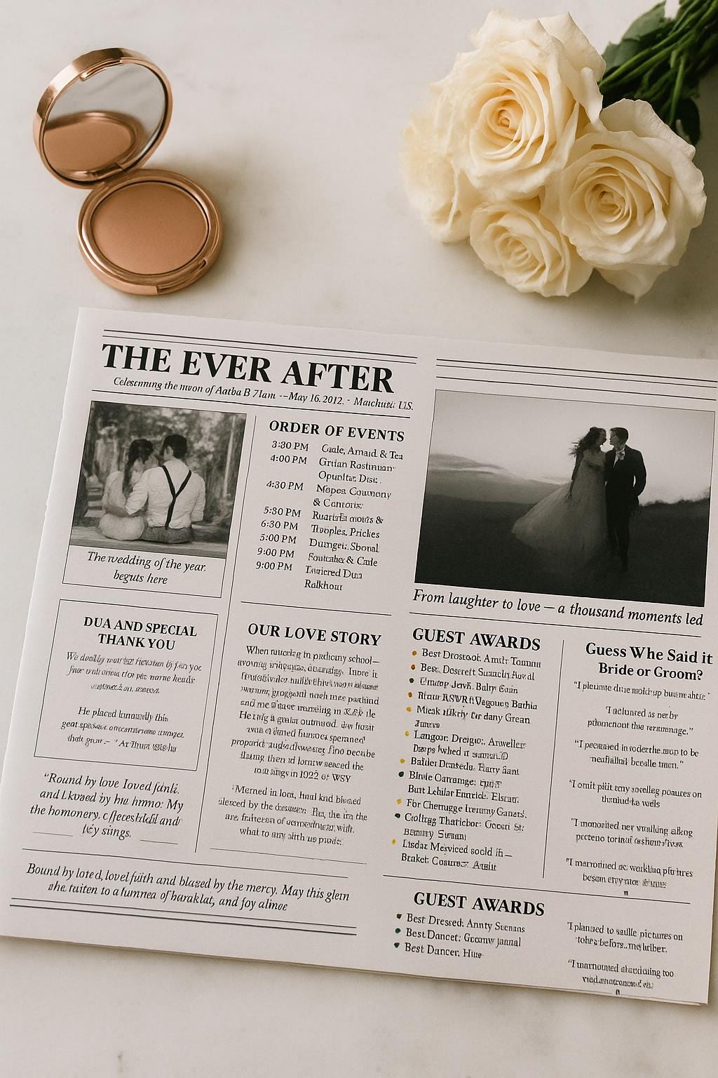 Elegant Muslim Wedding Newspaper Program: Editable Canva Template (Digital Download)