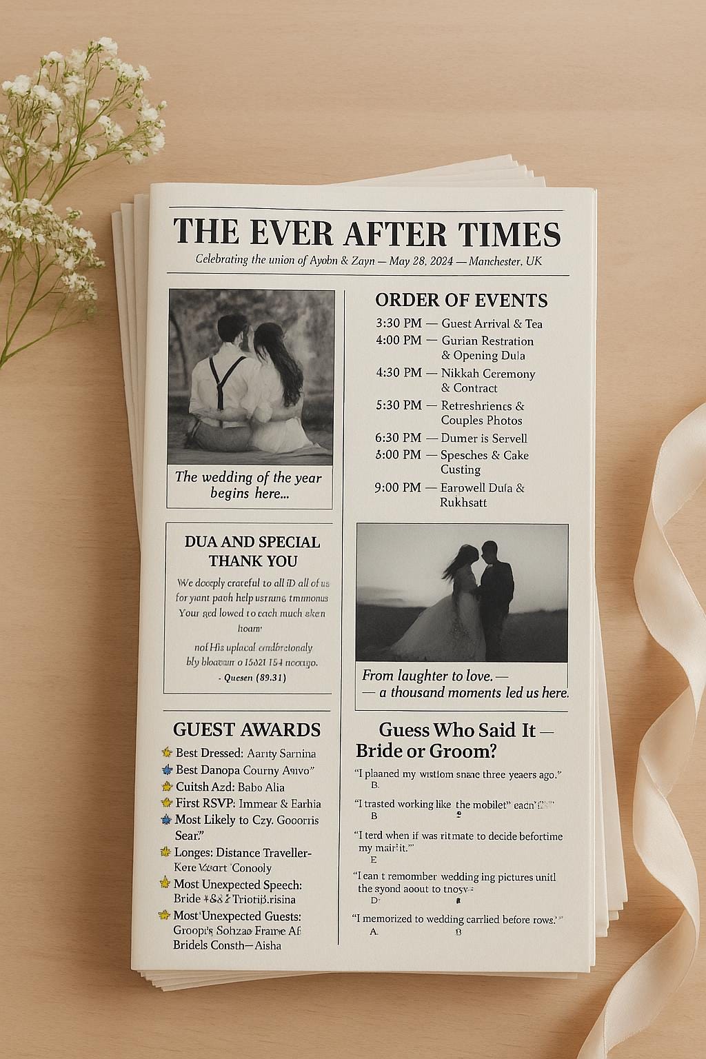 Elegant Muslim Wedding Newspaper Program: Editable Canva Template (Digital Download)