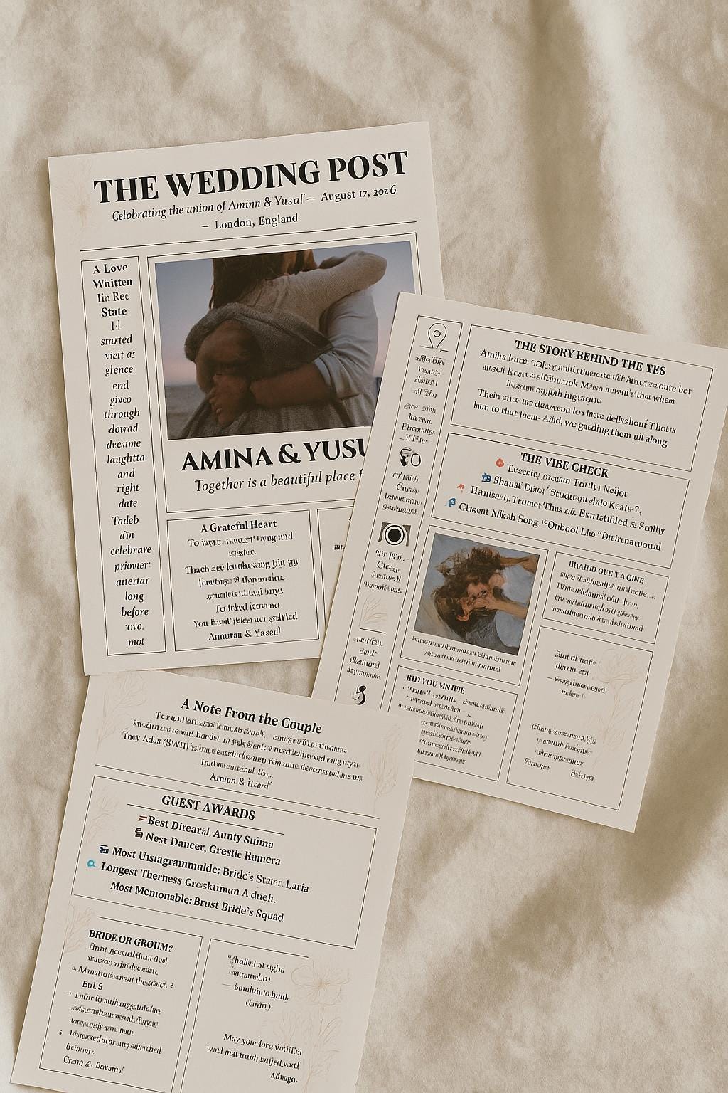 Wedding Newspaper Program Template | Muslim Nikkah Itinerary & Games | Editable Canva | Modern 3-Page Wedding Keepsake