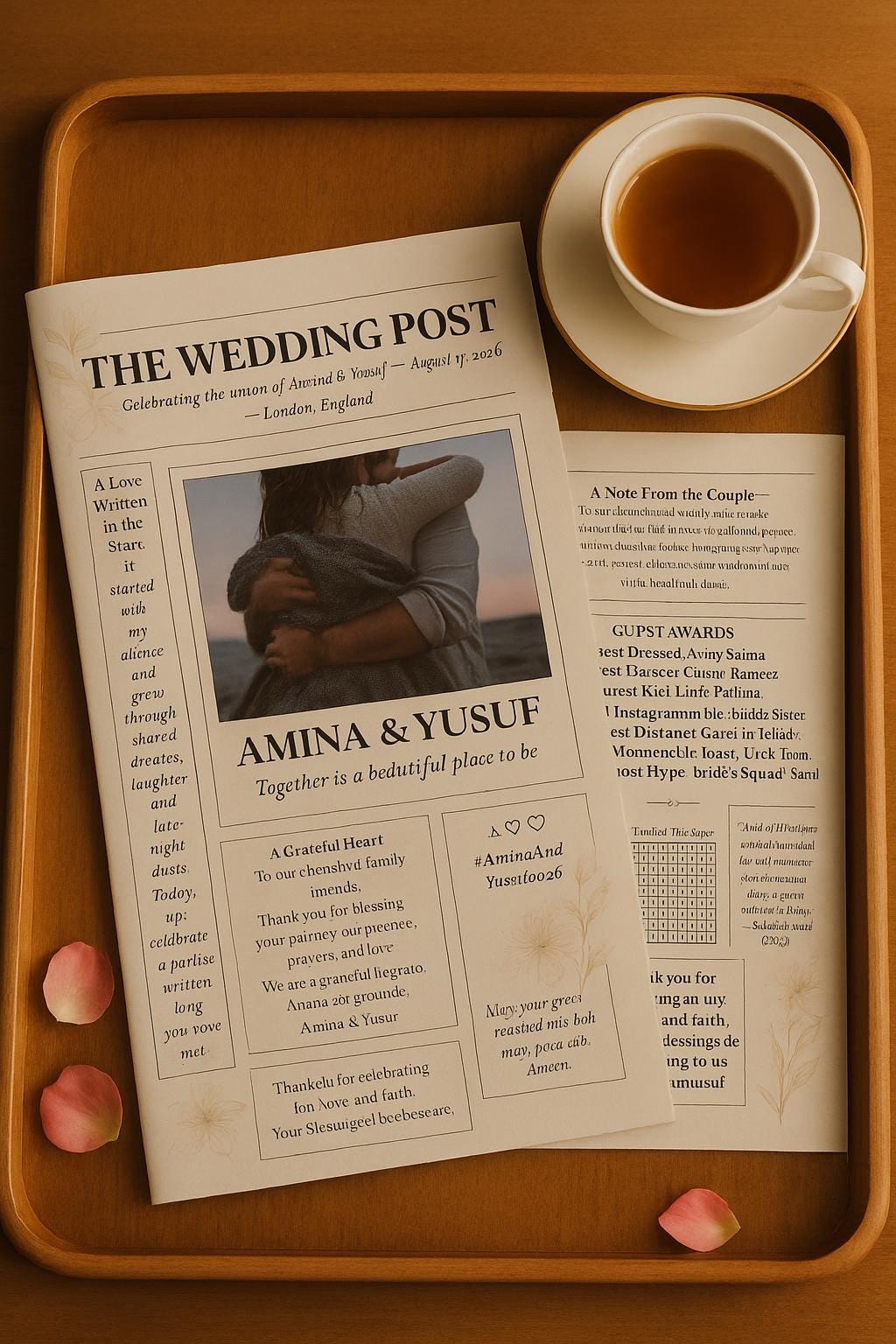 Wedding Newspaper Program Template | Muslim Nikkah Itinerary & Games | Editable Canva | Modern 3-Page Wedding Keepsake
