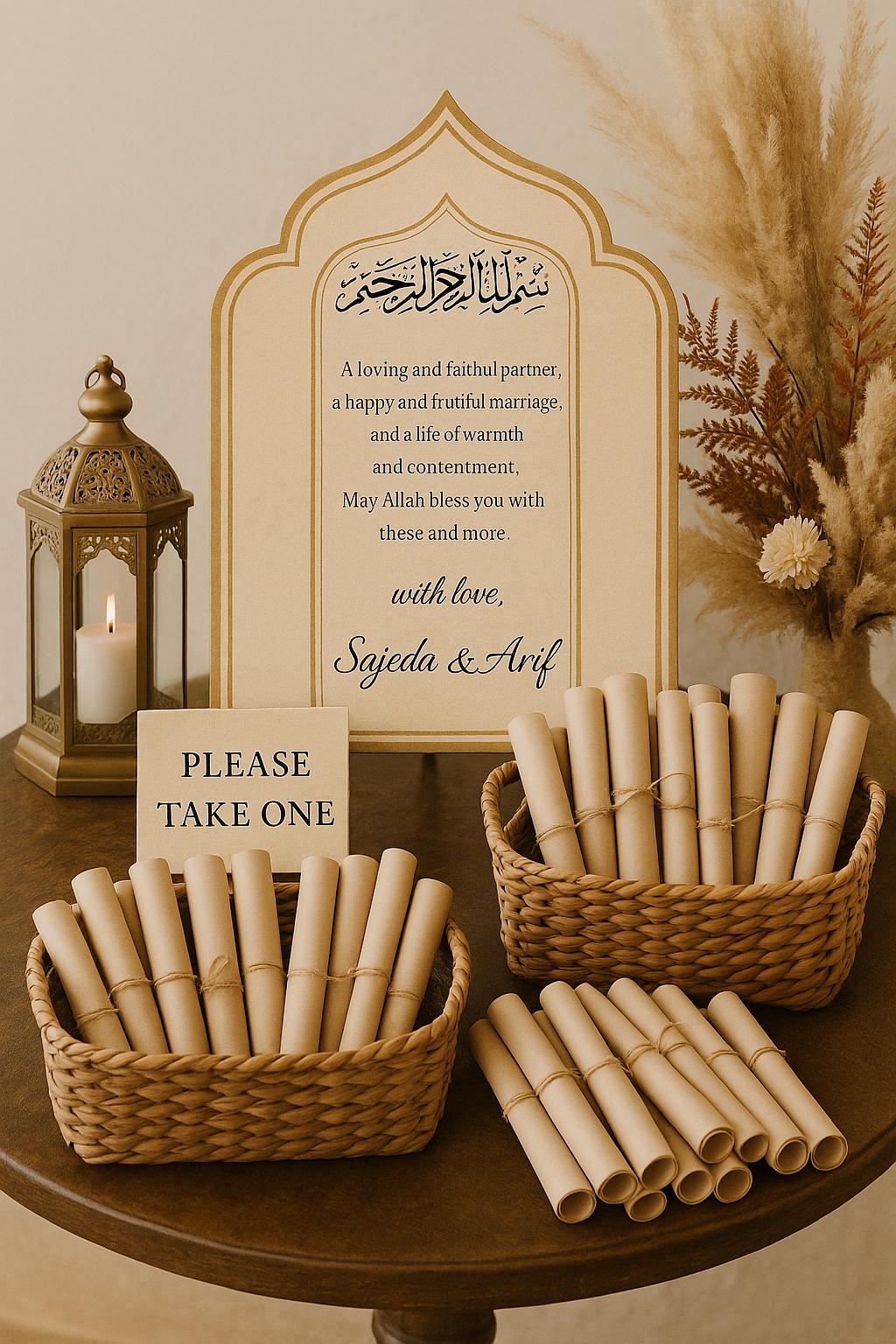 Islamic Wedding Favor Scroll: Bismillah Dua, Kraft Gold Arch (Printable Option Available)