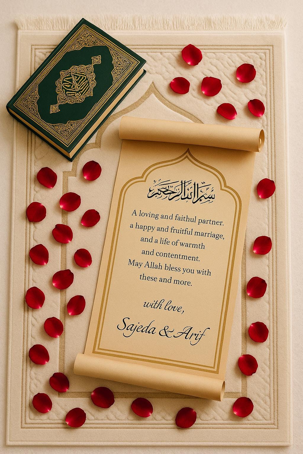 Islamic Wedding Favor Scroll: Bismillah Dua, Kraft Gold Arch (Printable Option Available)