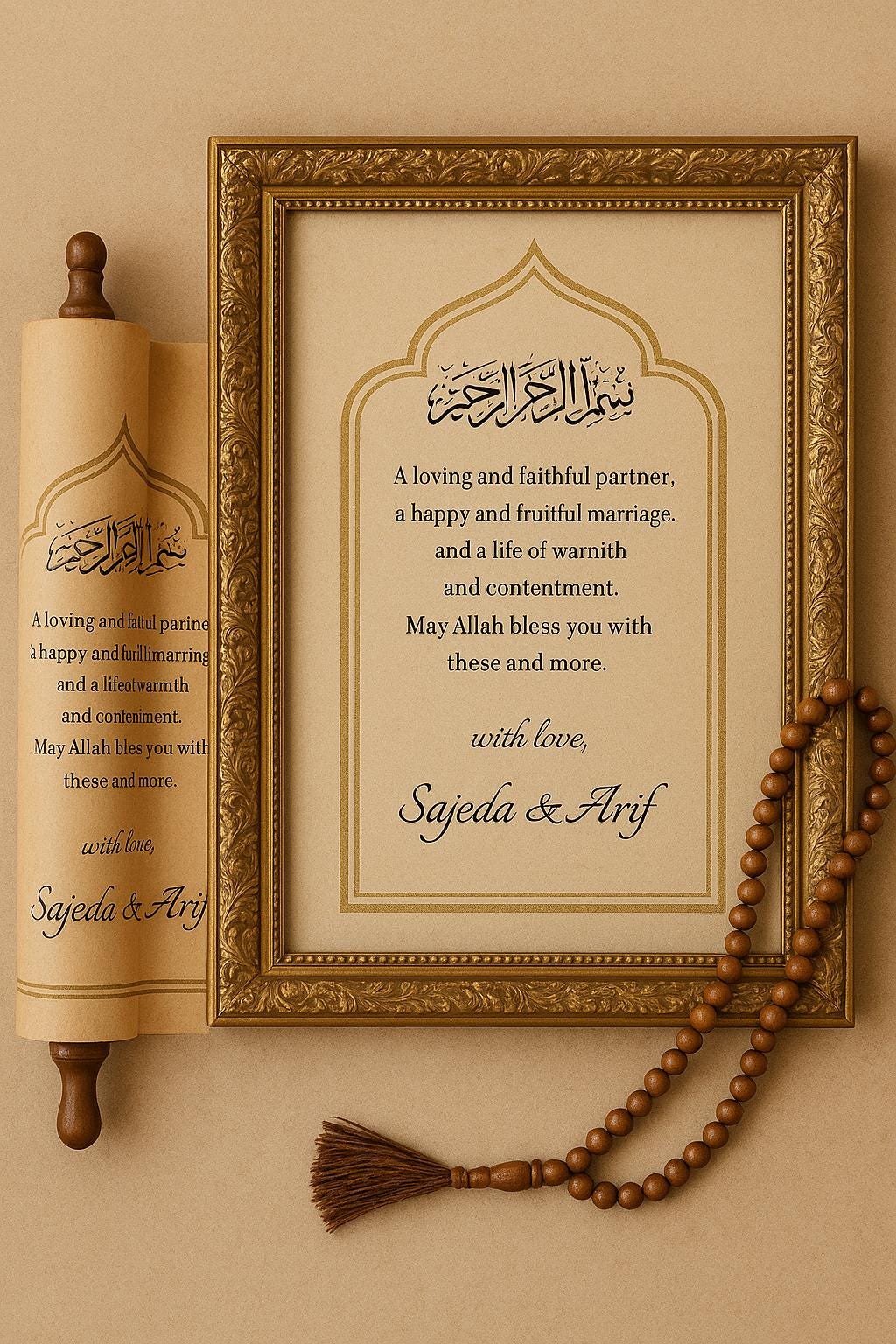 Islamic Wedding Favor Scroll: Bismillah Dua, Kraft Gold Arch (Printable Option Available)