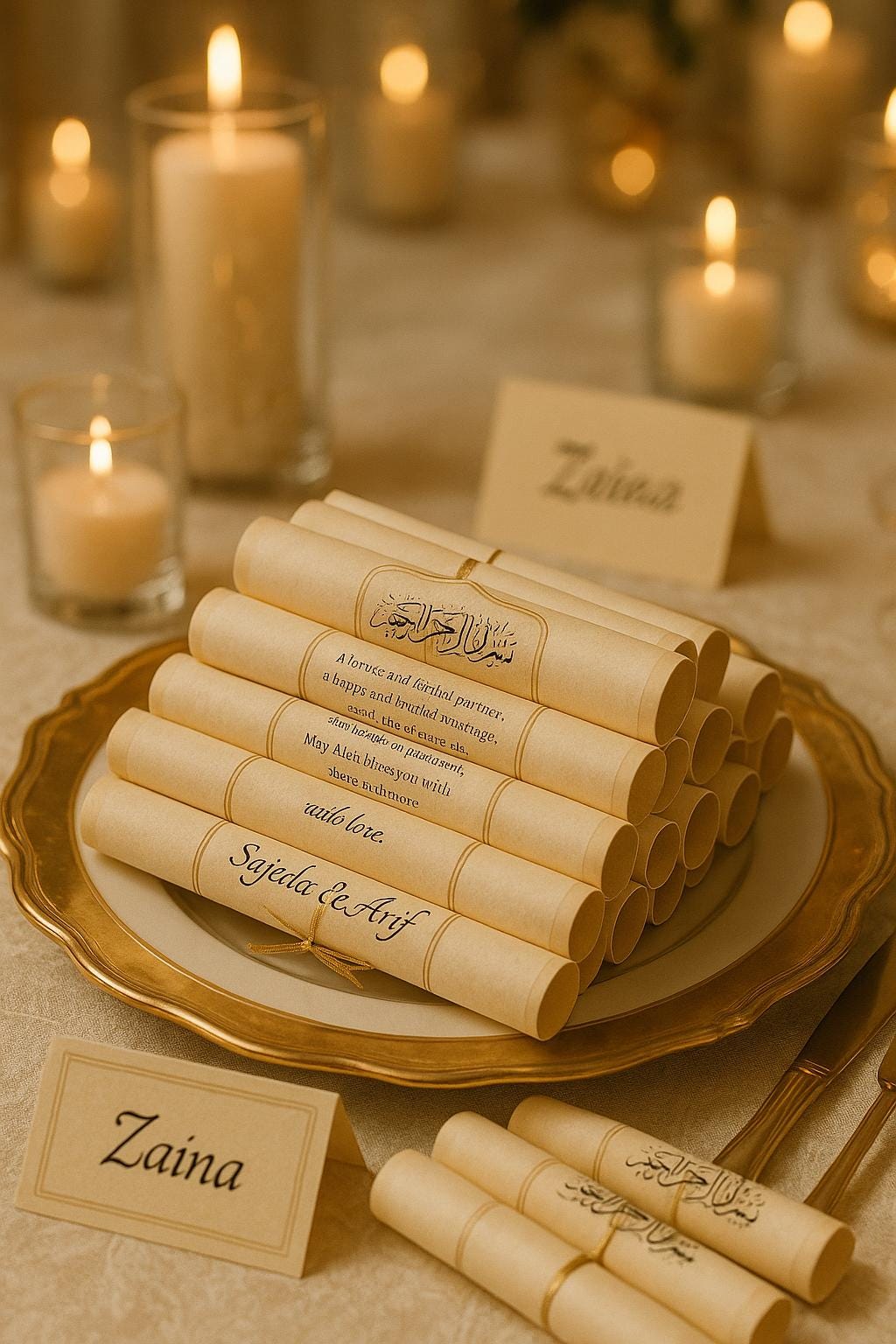 Islamic Wedding Favor Scroll: Bismillah Dua, Kraft Gold Arch (Printable Option Available)