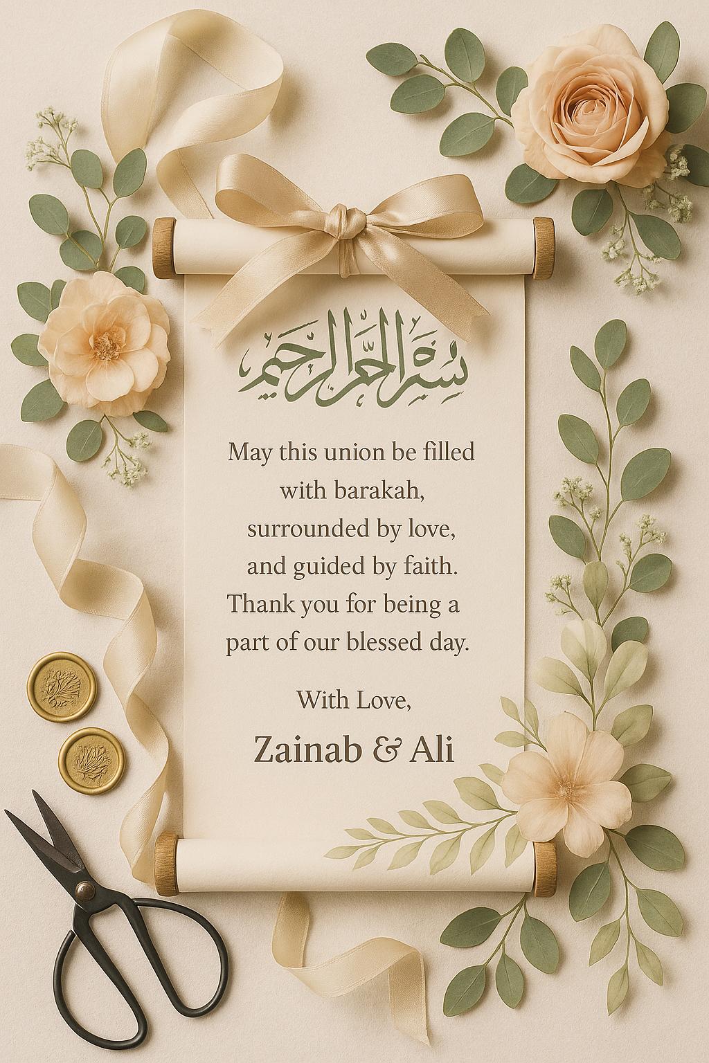 Floral Islamic Wedding Favor Scroll: Sage Green Bismillah, Editable Du'a