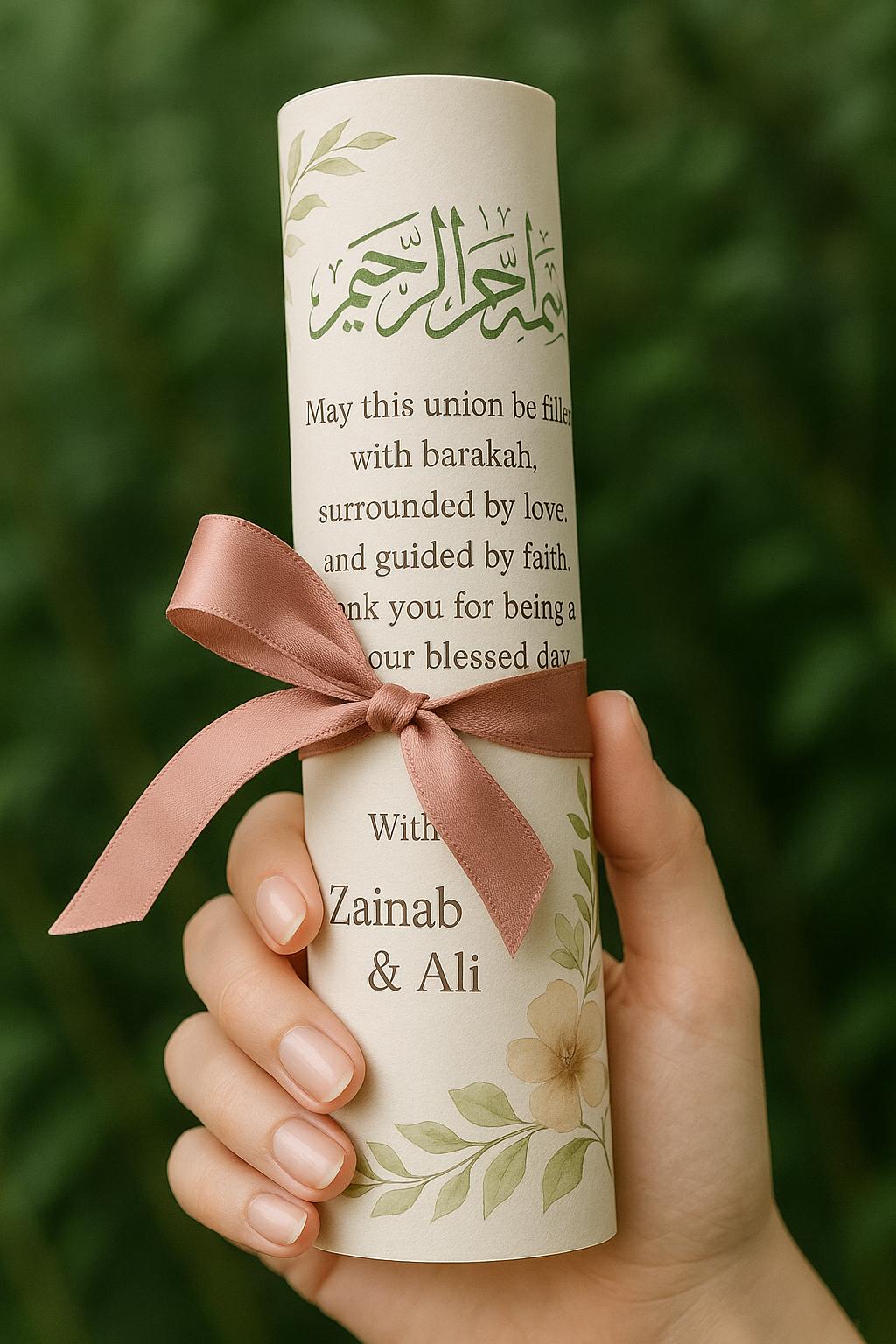 Floral Islamic Wedding Favor Scroll: Sage Green Bismillah, Editable Du'a