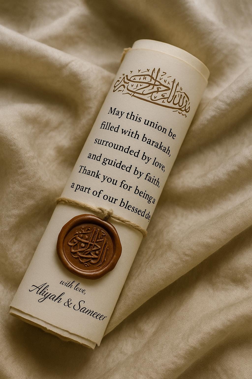 Islamic Wedding Scroll Favor | Bismillah Dua, Beige Nikah Gift (Editable)