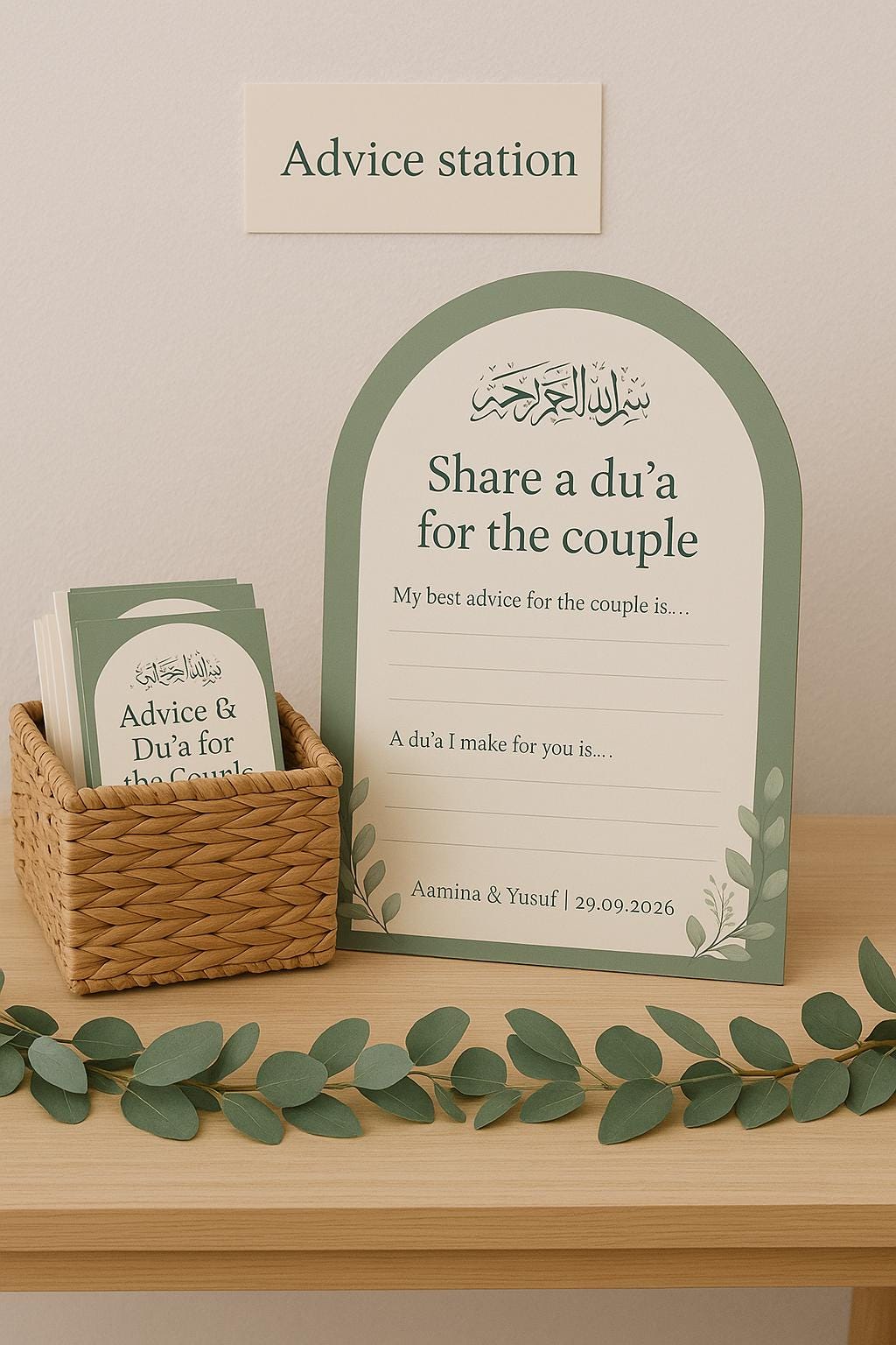 Sage Green Wedding Advice Cards: Botanical Arch Nikah Decor