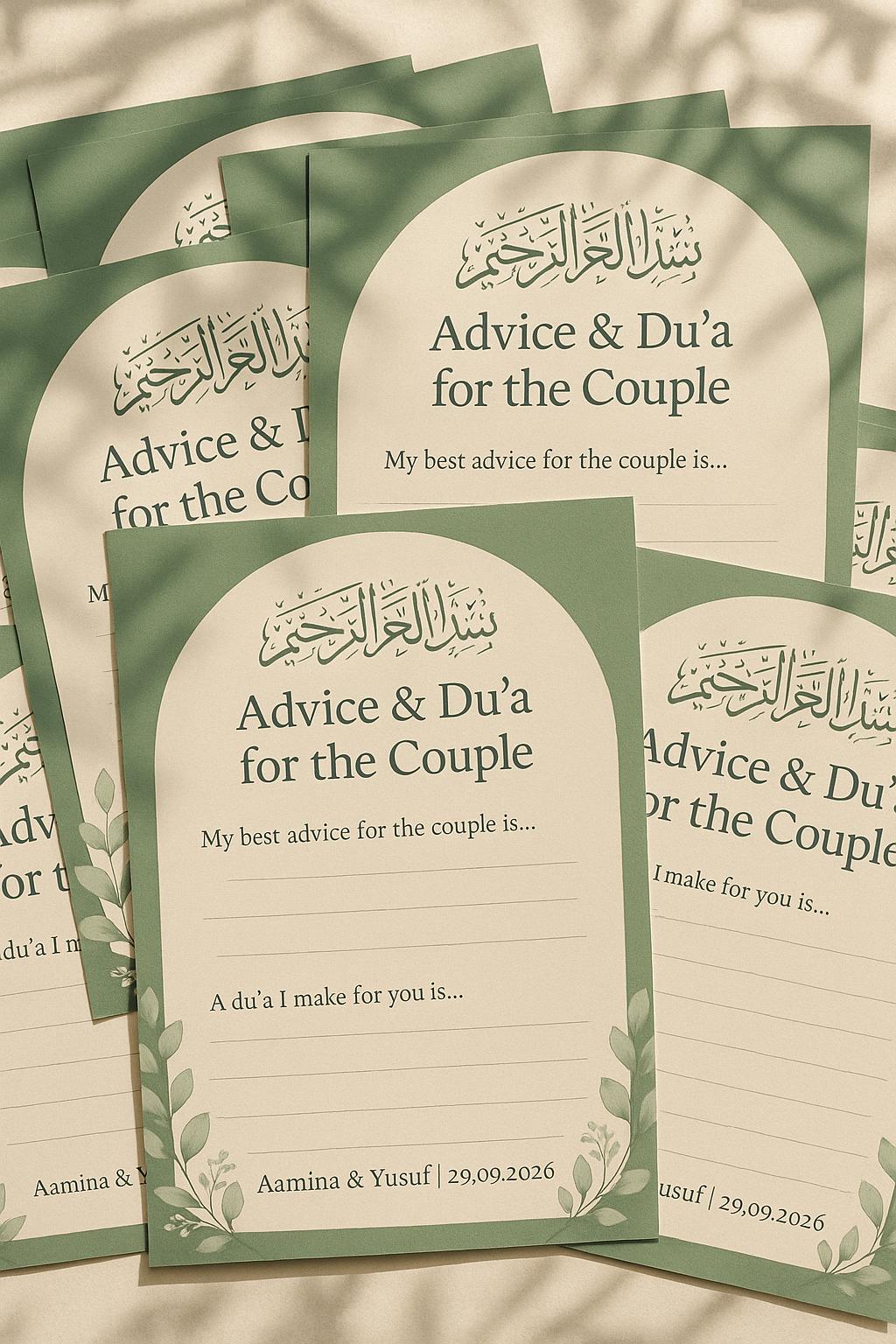 Sage Green Wedding Advice Cards: Botanical Arch Nikah Decor