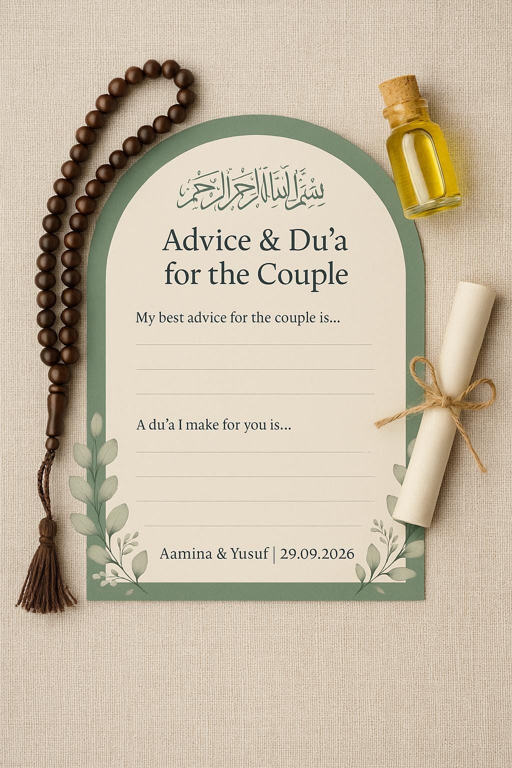 Sage Green Wedding Advice Cards: Botanical Arch Nikah Decor