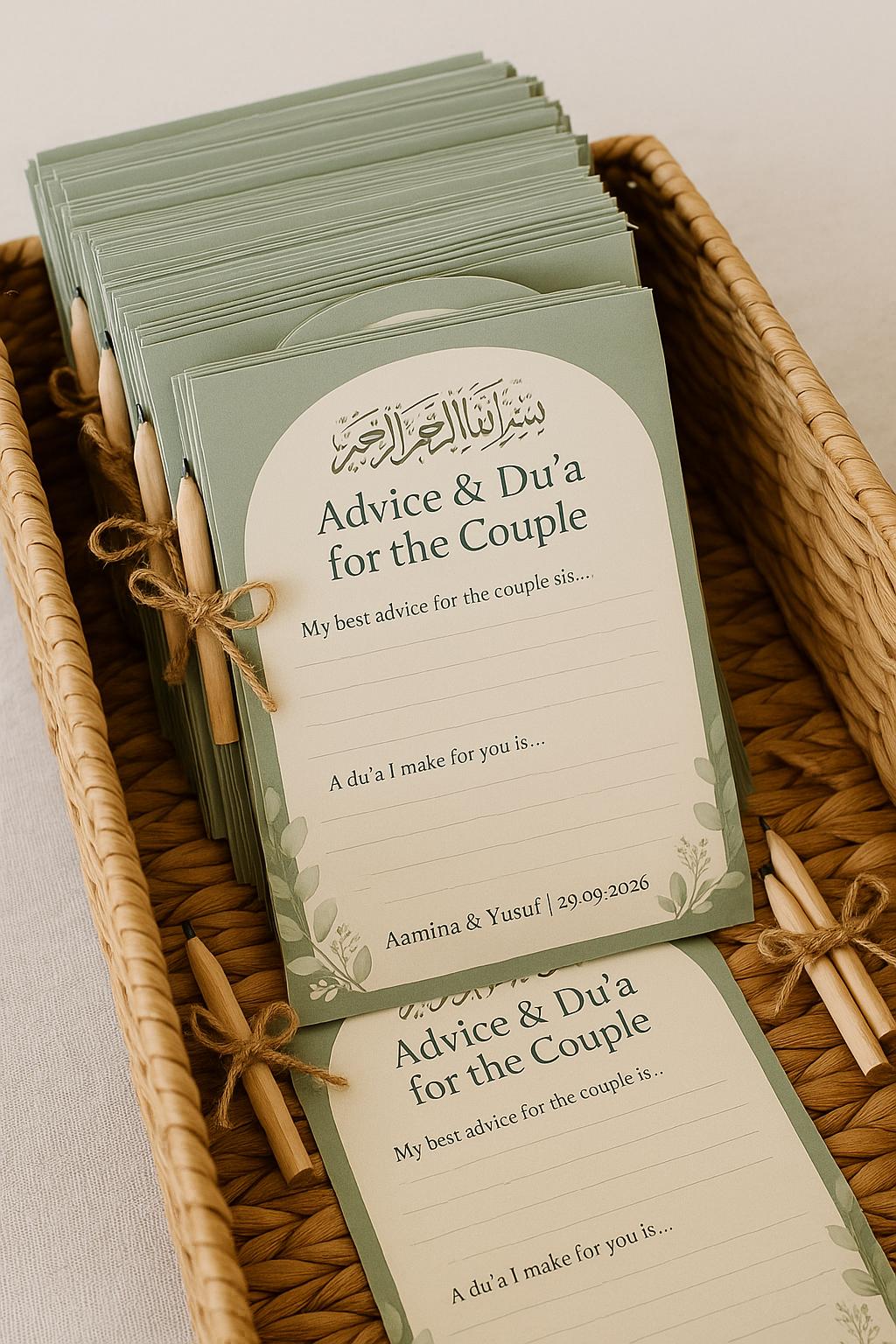 Sage Green Wedding Advice Cards: Botanical Arch Nikah Decor