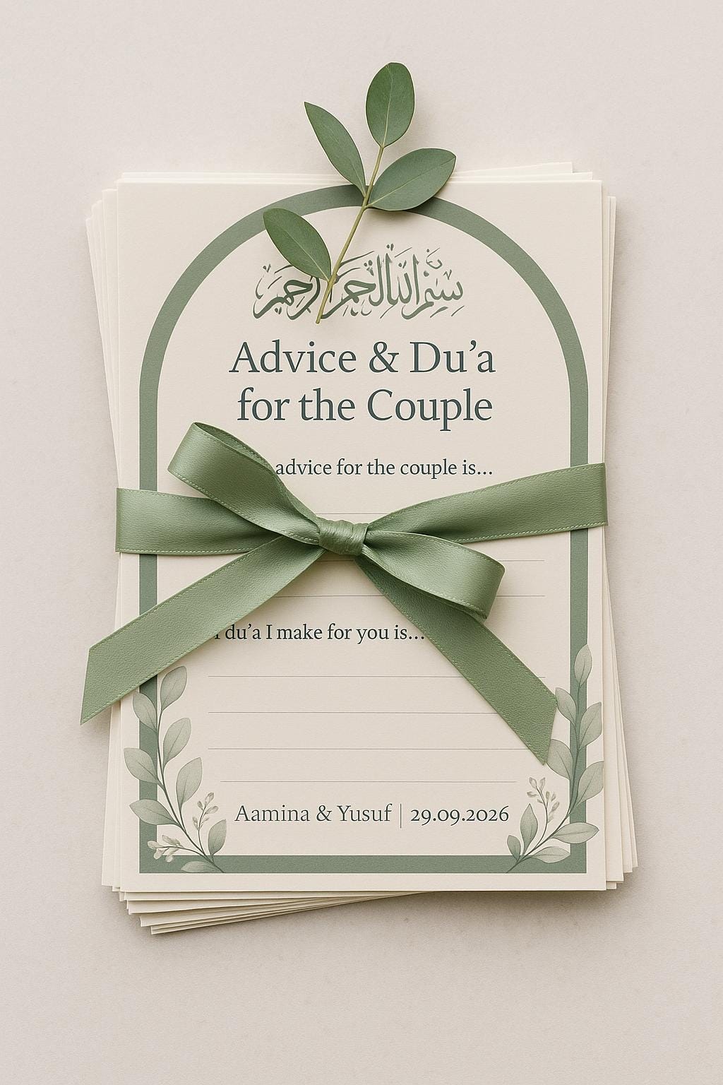 Sage Green Wedding Advice Cards: Botanical Arch Nikah Decor
