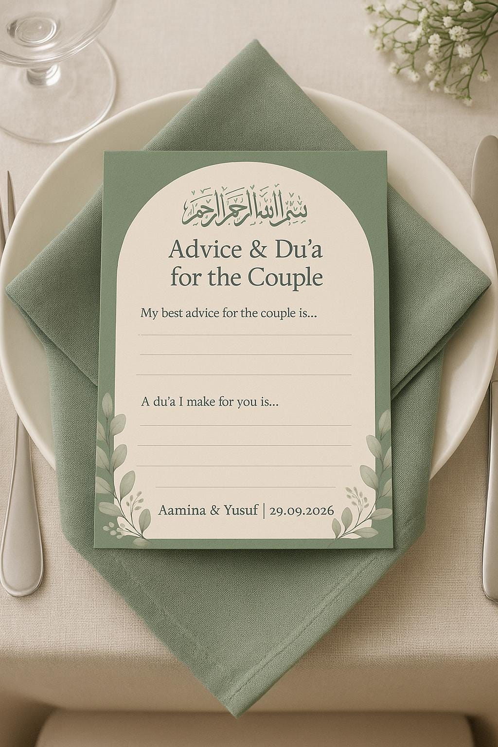 Sage Green Wedding Advice Cards: Botanical Arch Nikah Decor