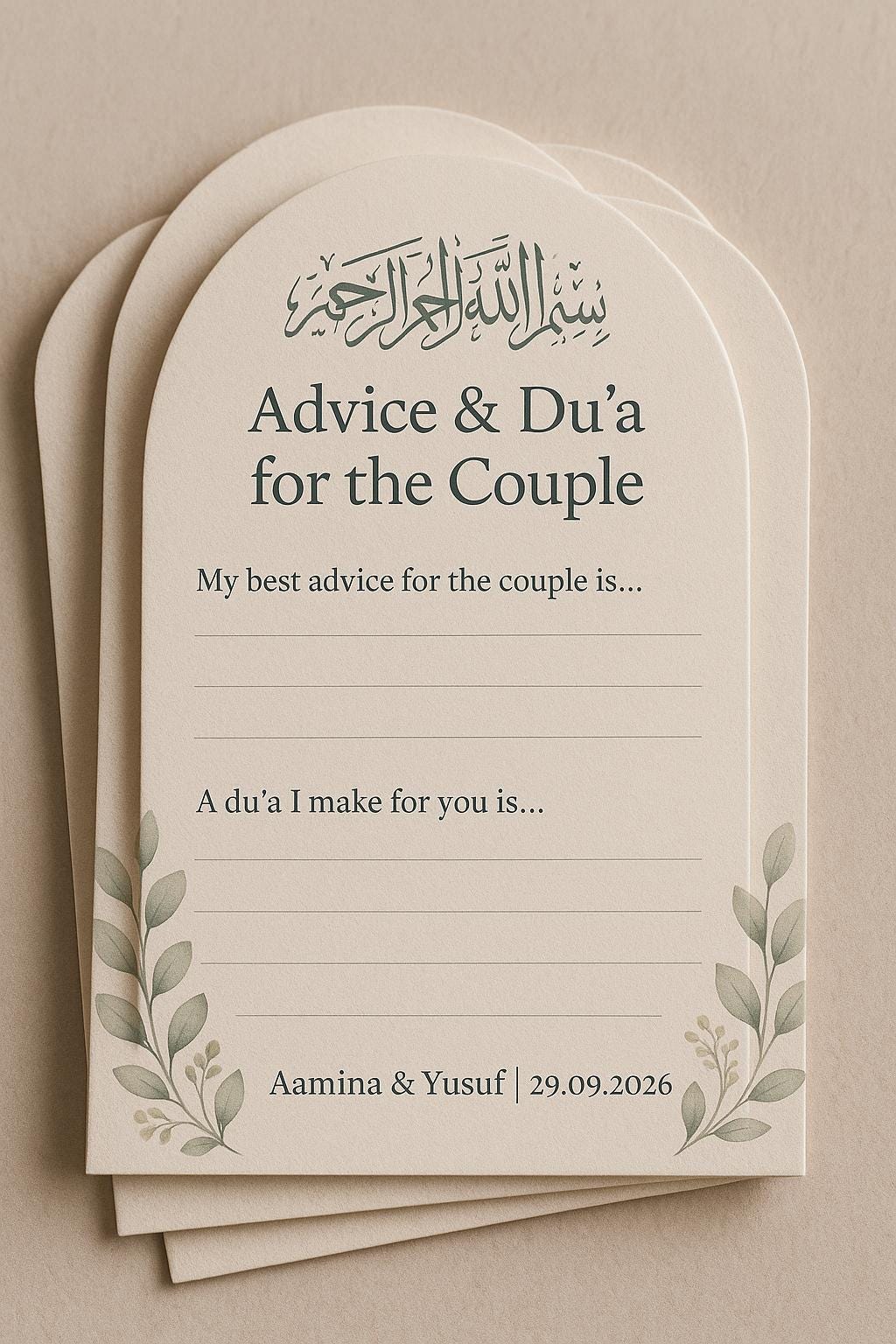 Sage Green Wedding Advice Cards: Botanical Arch Nikah Decor