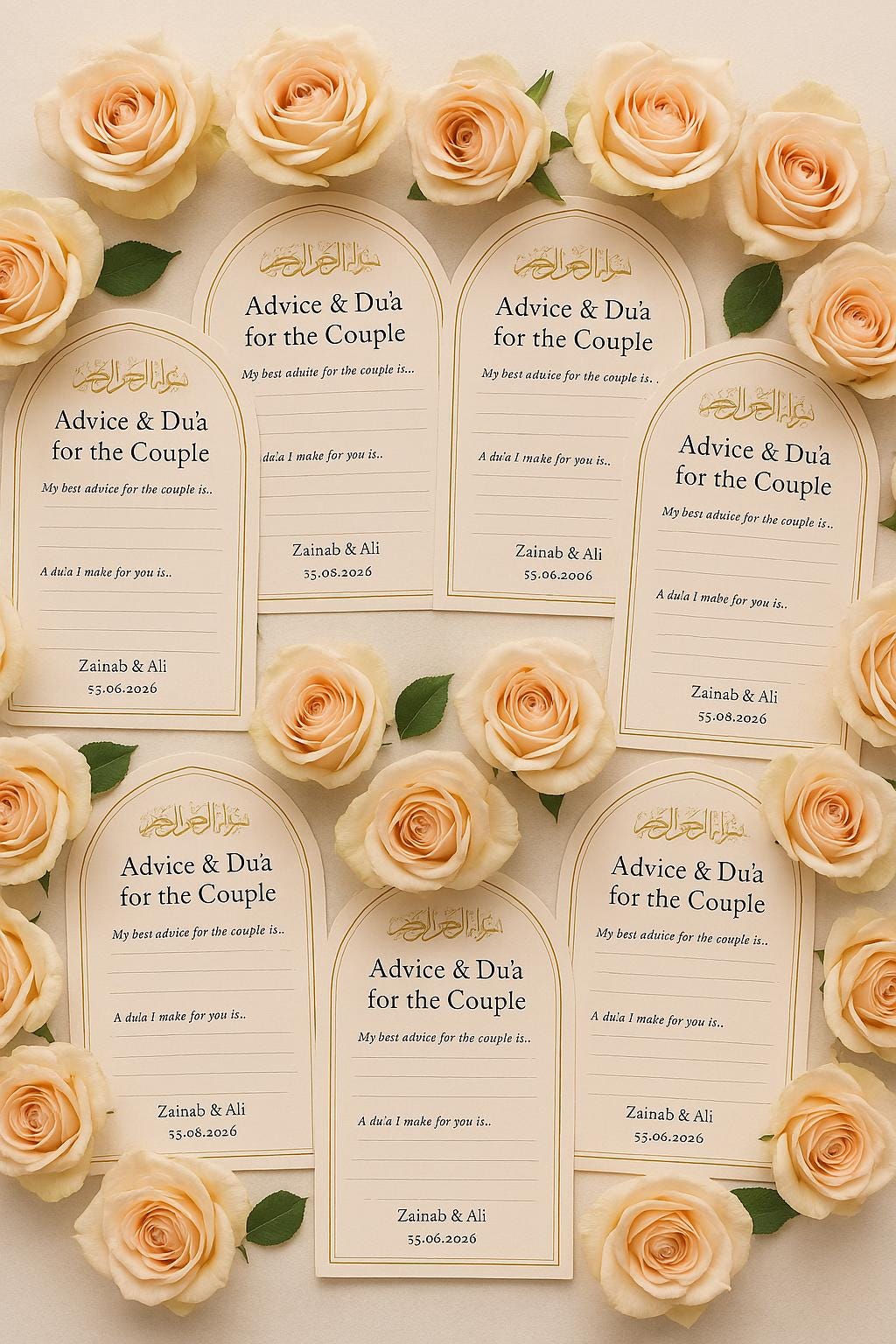 Blush Floral Dua & Advice Cards |  Personalized Islamic Wedding Favor with Gold Bismillah Calligraphy