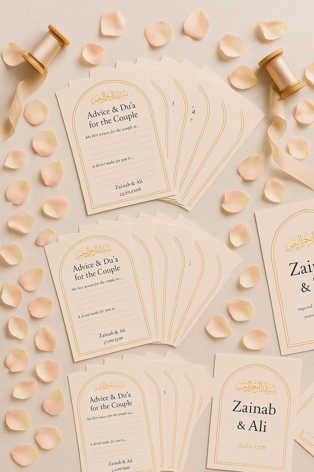 Blush Floral Dua & Advice Cards |  Personalized Islamic Wedding Favor with Gold Bismillah Calligraphy