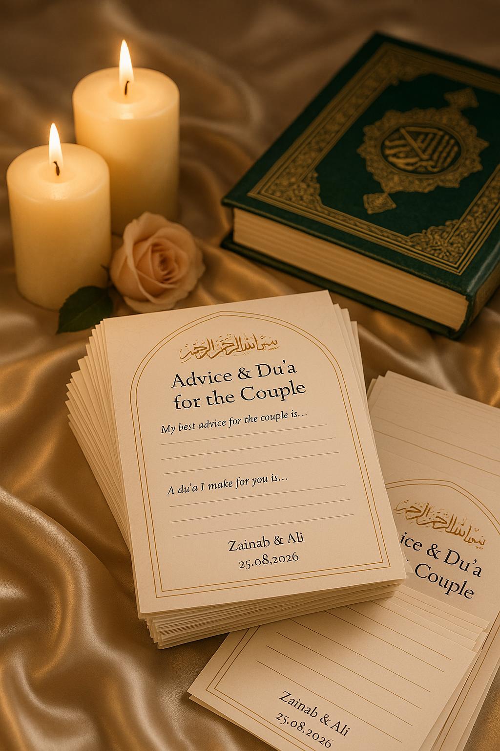 Blush Floral Dua & Advice Cards |  Personalized Islamic Wedding Favor with Gold Bismillah Calligraphy