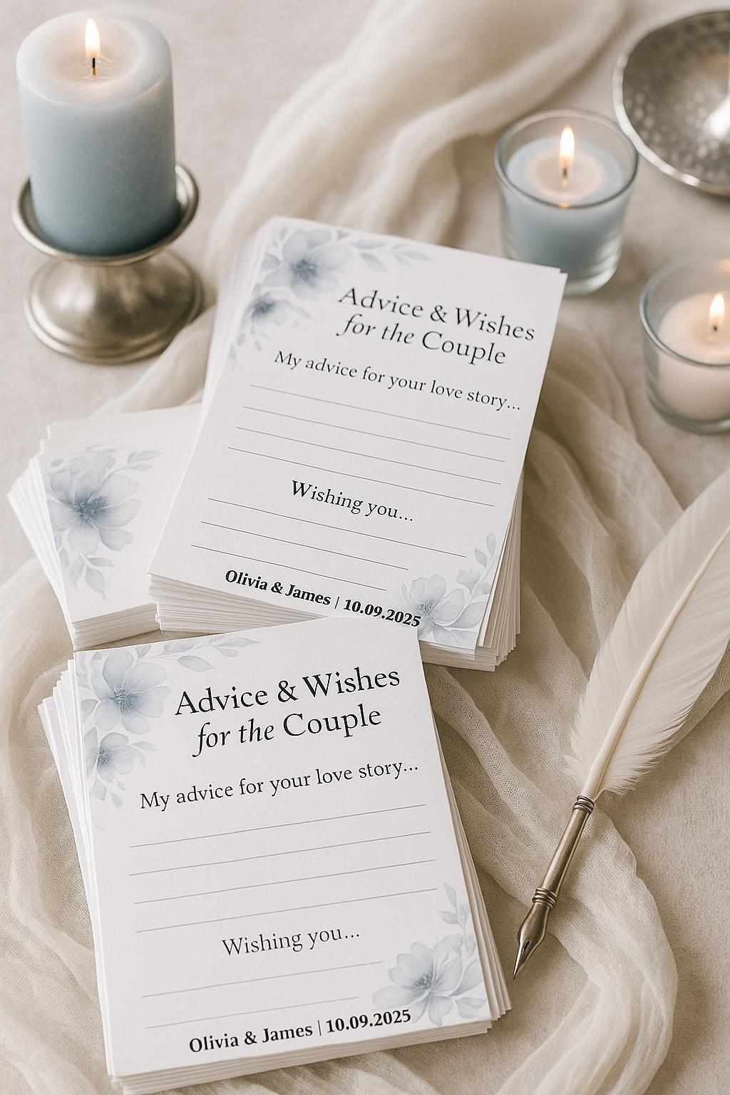Dusty Blue Wedding Advice Cards: Floral Watercolor Keepsake