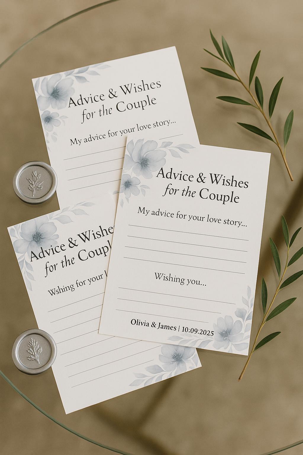 Dusty Blue Wedding Advice Cards: Floral Watercolor Keepsake