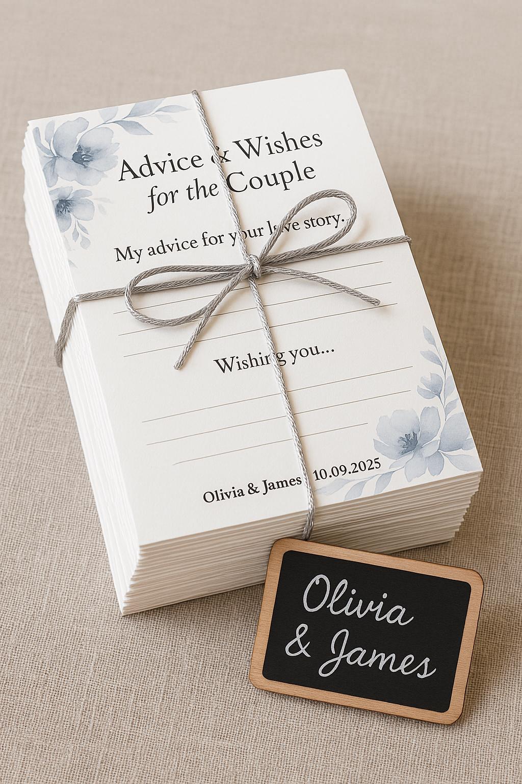 Dusty Blue Wedding Advice Cards: Floral Watercolor Keepsake