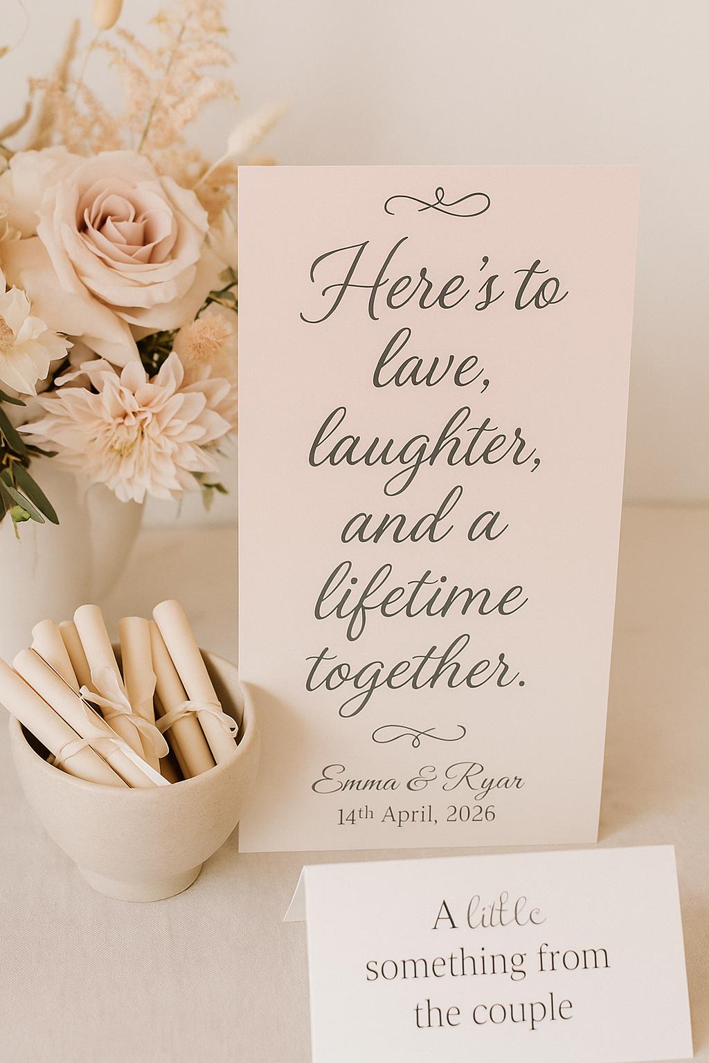 Romantic Wedding Scroll Favor: Love Quote, Blush Ribbon, Elegant Thank You