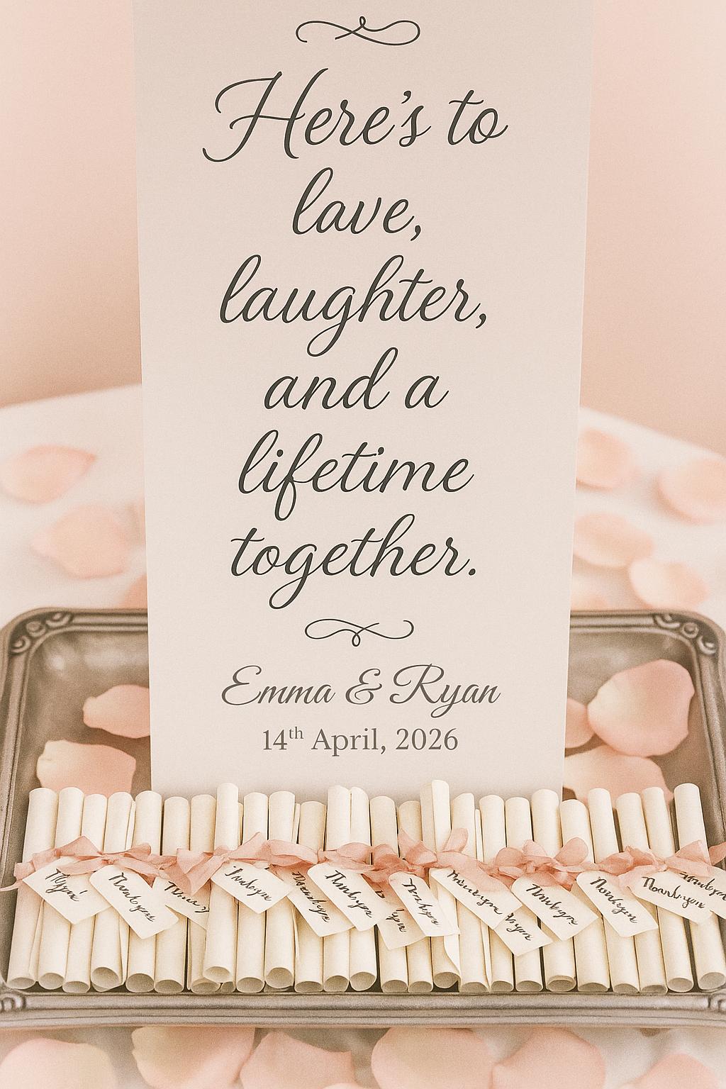 Romantic Wedding Scroll Favor: Love Quote, Blush Ribbon, Elegant Thank You