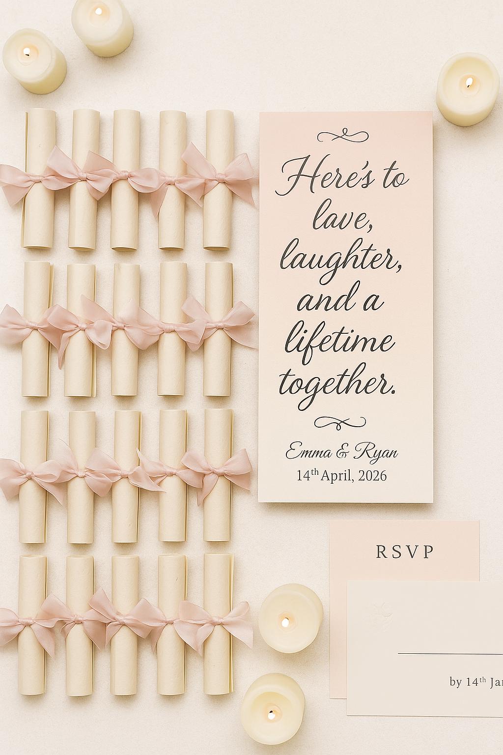 Romantic Wedding Scroll Favor: Love Quote, Blush Ribbon, Elegant Thank You