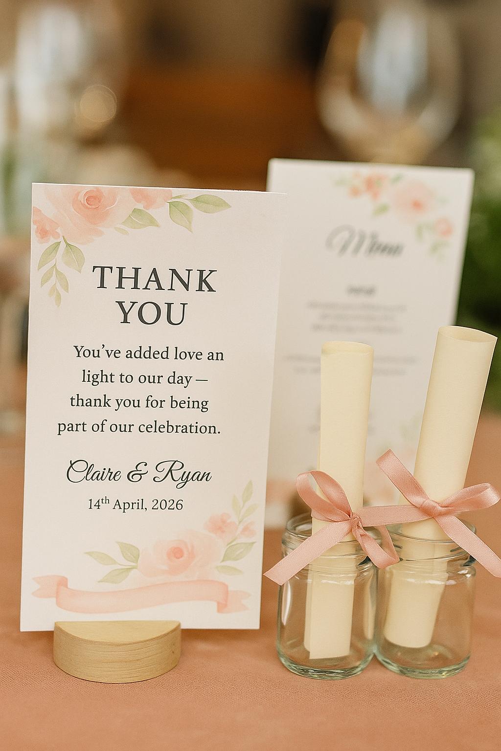 Floral Wedding Favor Scroll: Pink & Green Thank You Keepsake
