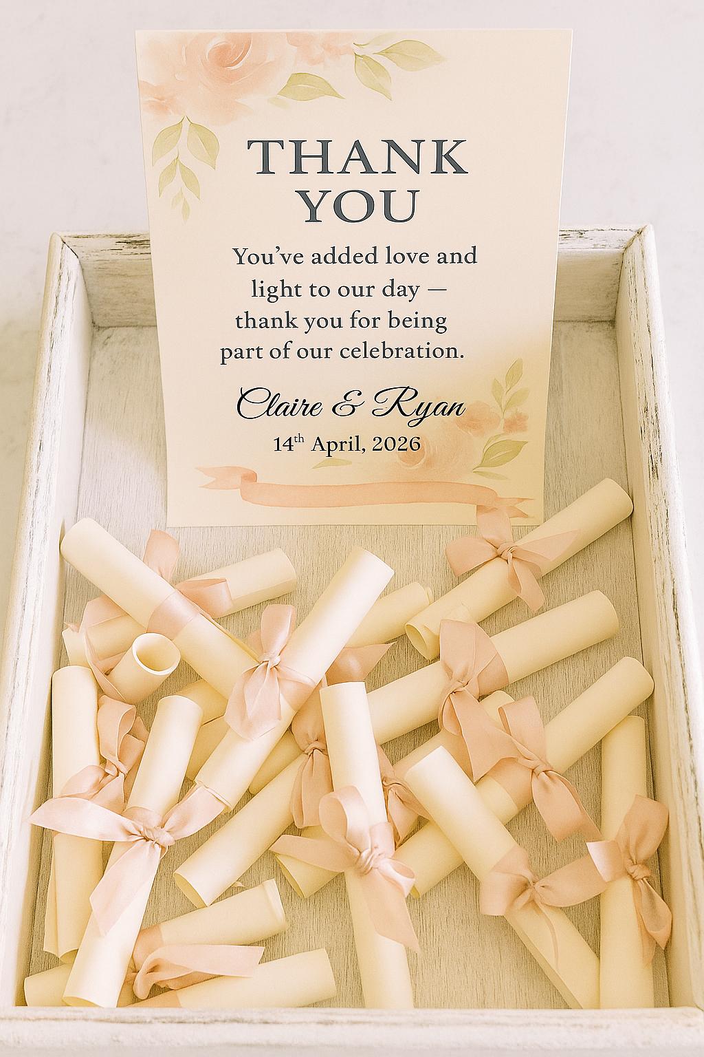 Floral Wedding Favor Scroll: Pink & Green Thank You Keepsake