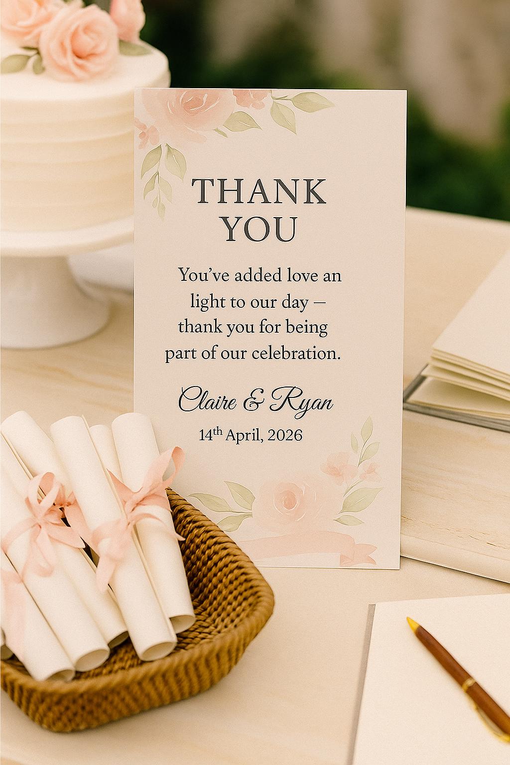 Floral Wedding Favor Scroll: Pink & Green Thank You Keepsake