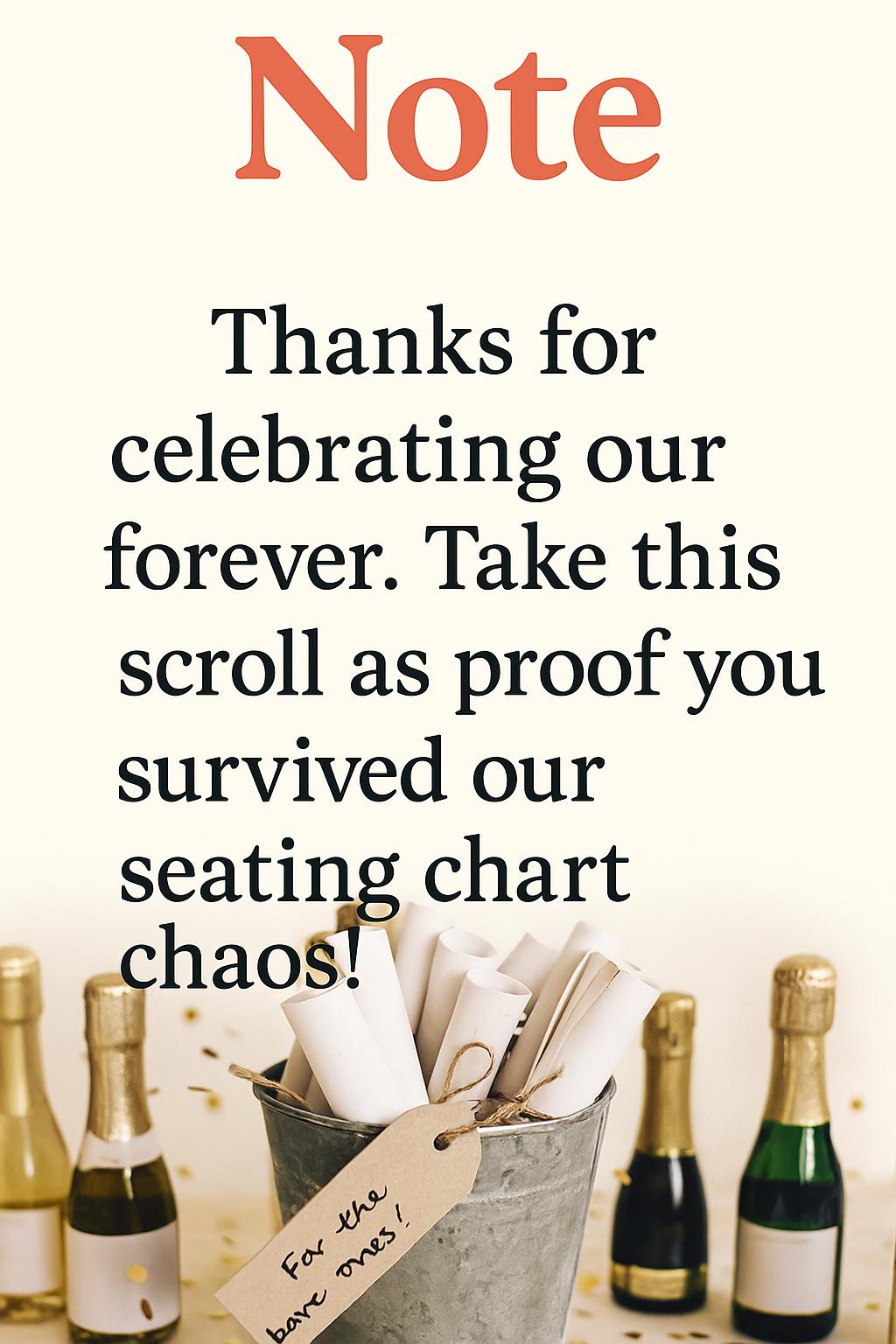 Funny Wedding Favor Scroll: Coral & Cream Seating Chart Chaos Note