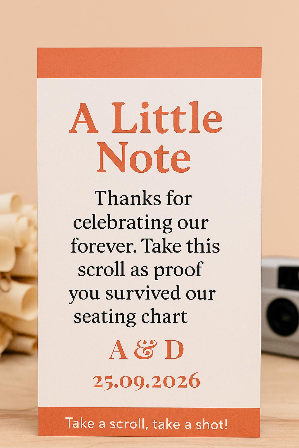 Funny Wedding Favor Scroll: Coral & Cream Seating Chart Chaos Note