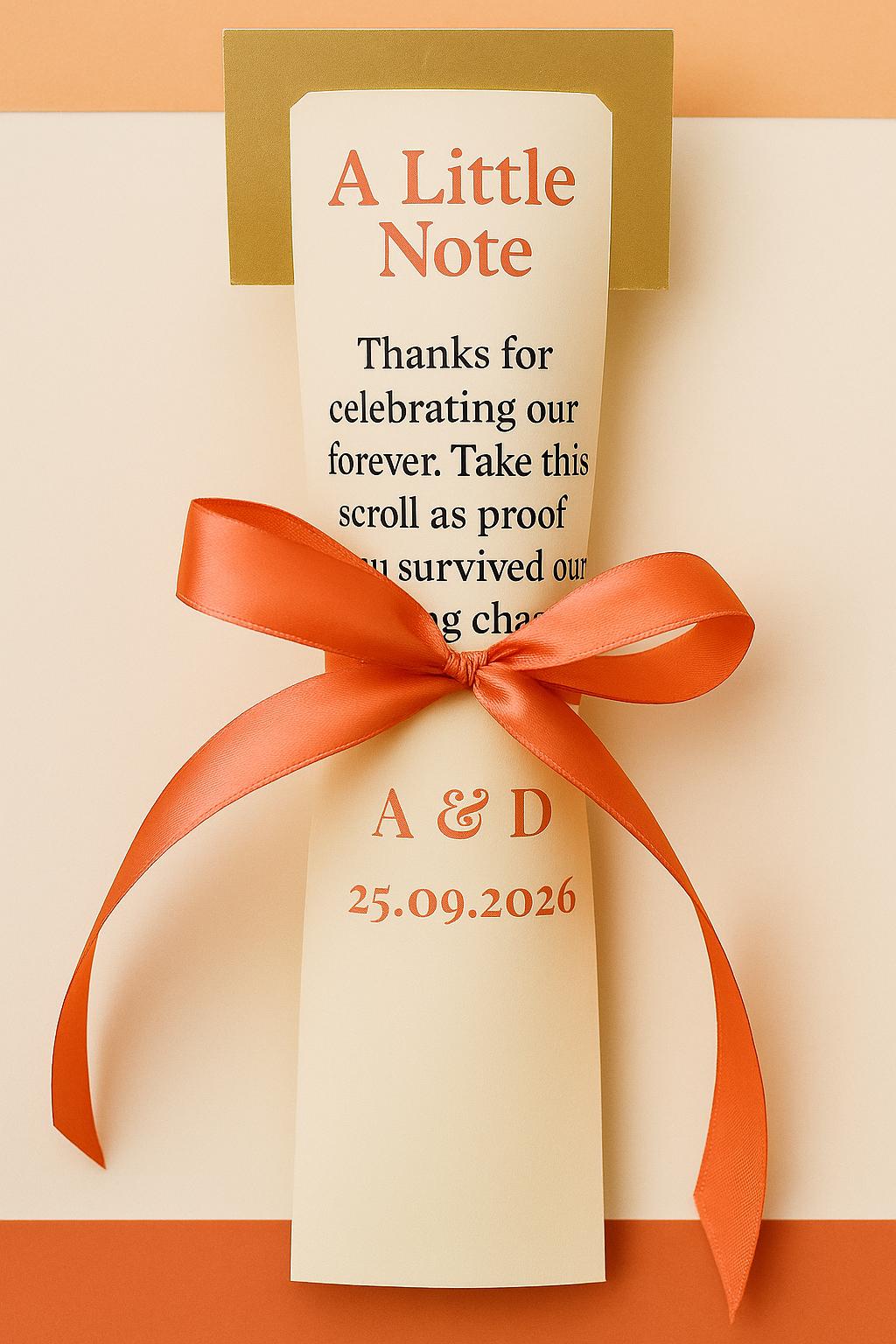 Funny Wedding Favor Scroll: Coral & Cream Seating Chart Chaos Note