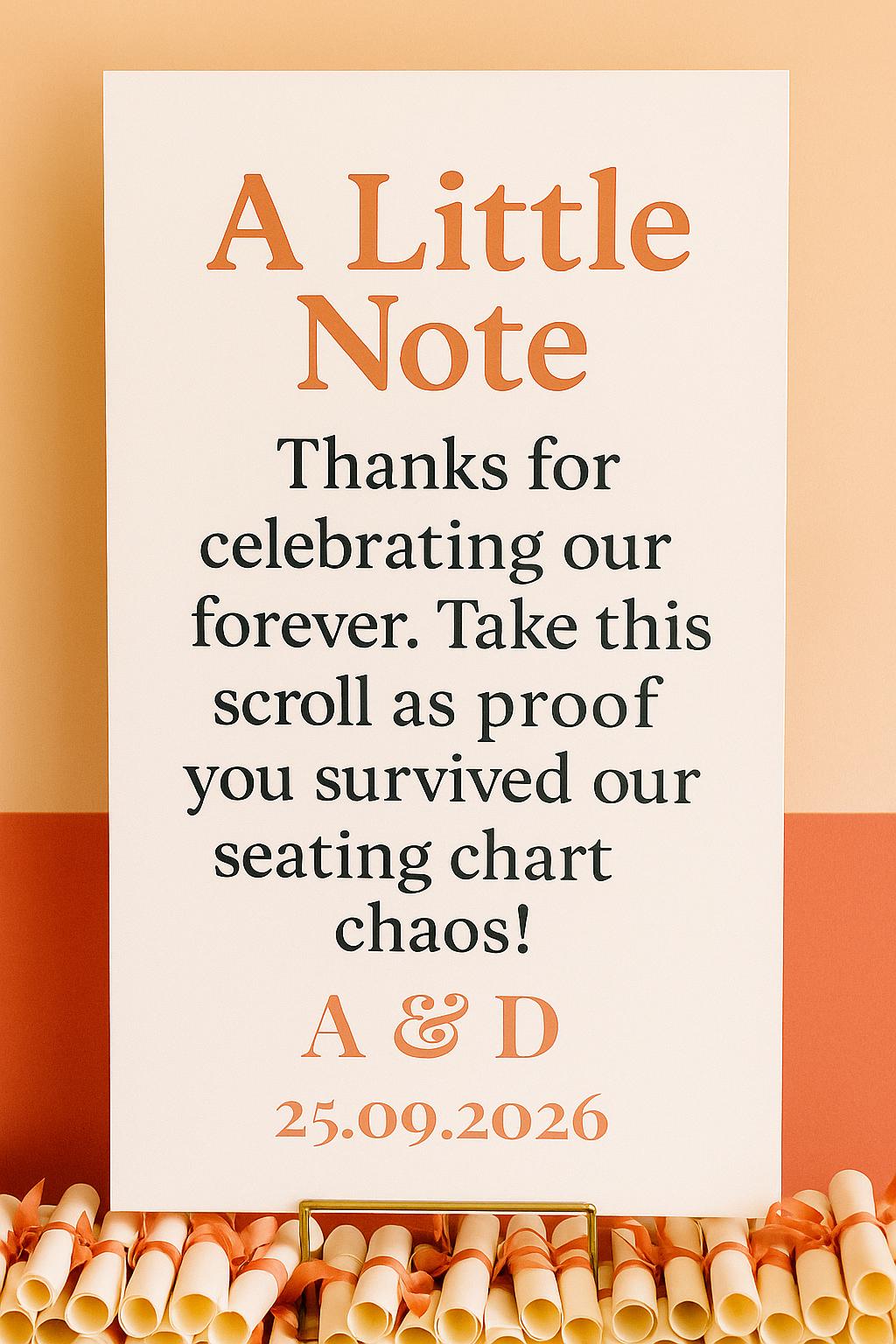 Funny Wedding Favor Scroll: Coral & Cream Seating Chart Chaos Note