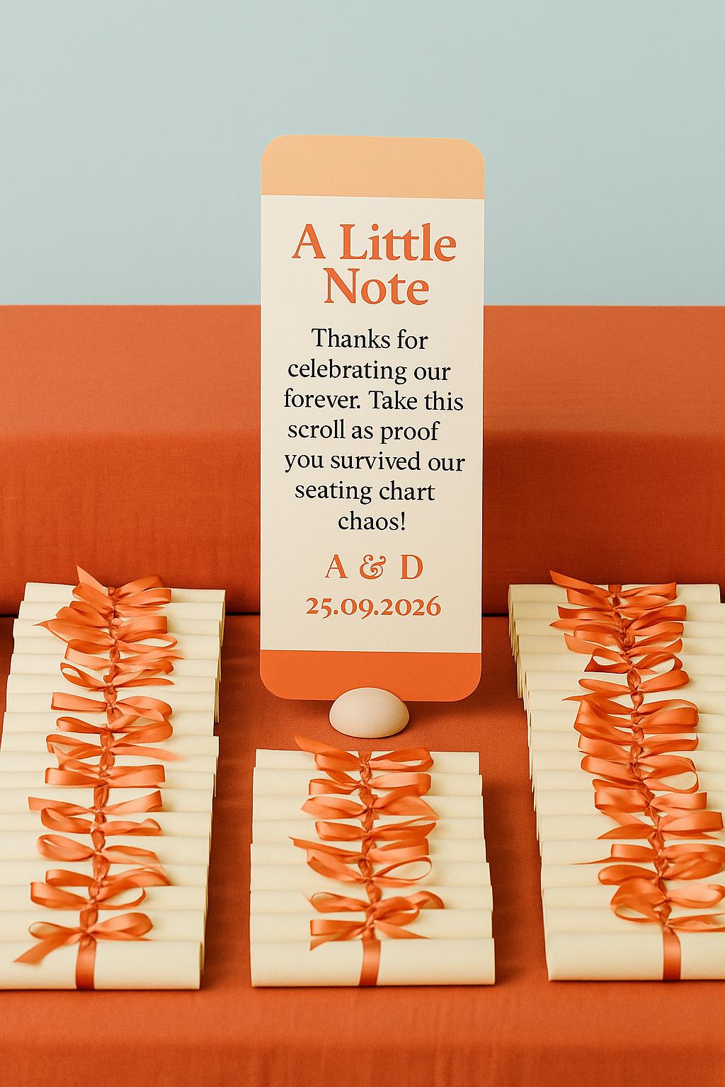 Funny Wedding Favor Scroll: Coral & Cream Seating Chart Chaos Note