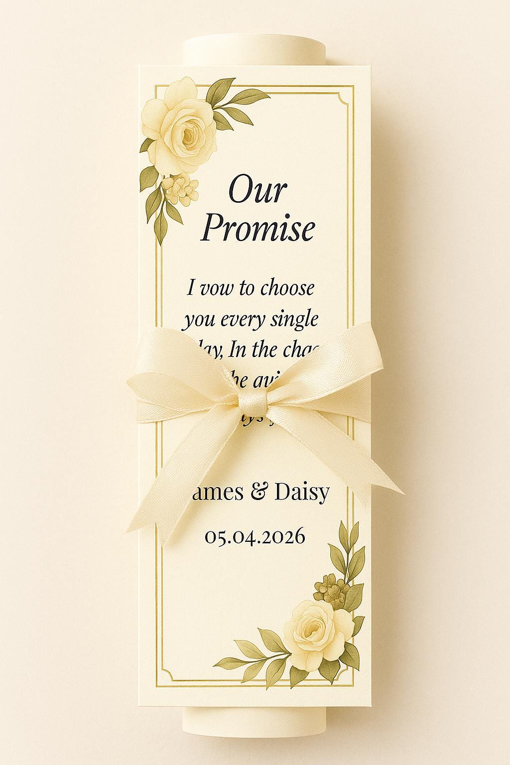Cream & Gold Wedding Vow Scroll Favor: Floral Keepsake with Ribbon