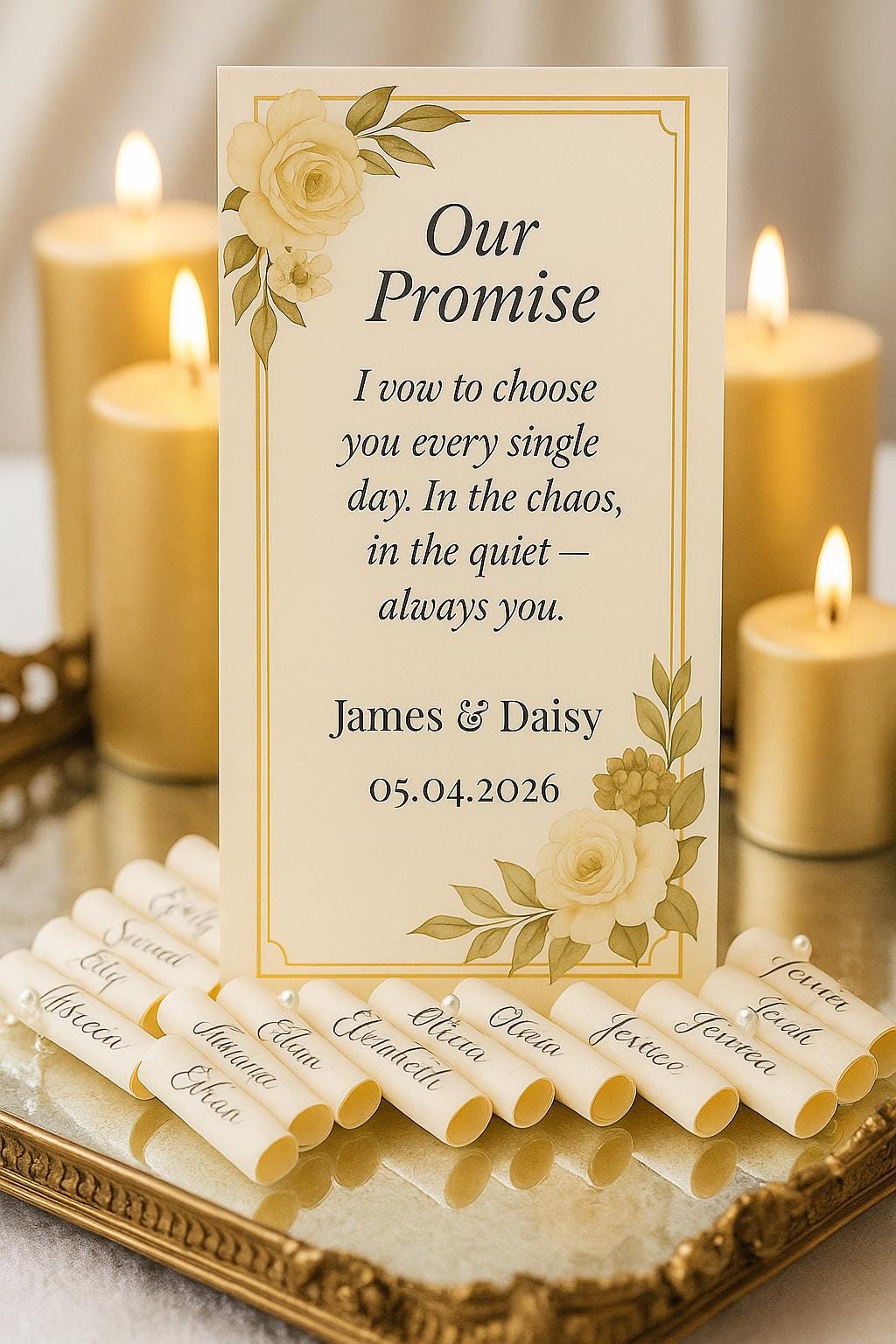 Cream & Gold Wedding Vow Scroll Favor: Floral Keepsake with Ribbon