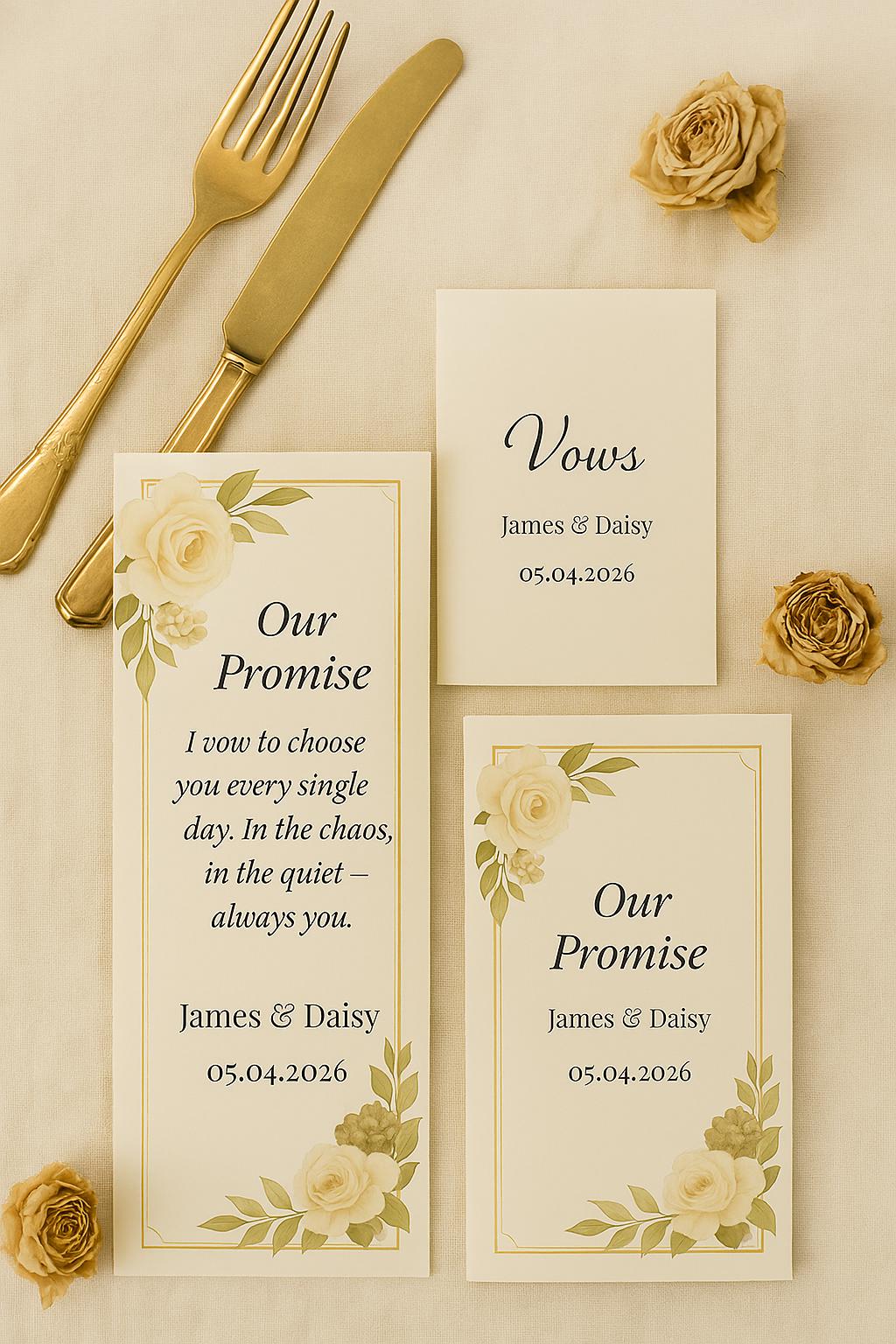 Cream & Gold Wedding Vow Scroll Favor: Floral Keepsake with Ribbon