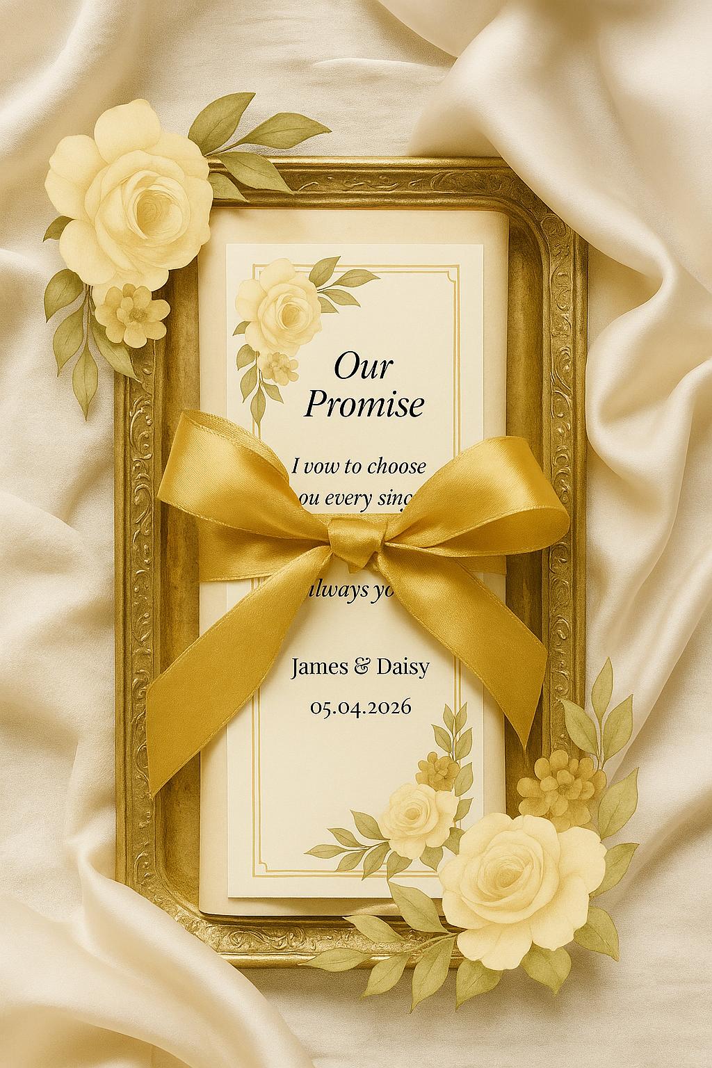 Cream & Gold Wedding Vow Scroll Favor: Floral Keepsake with Ribbon