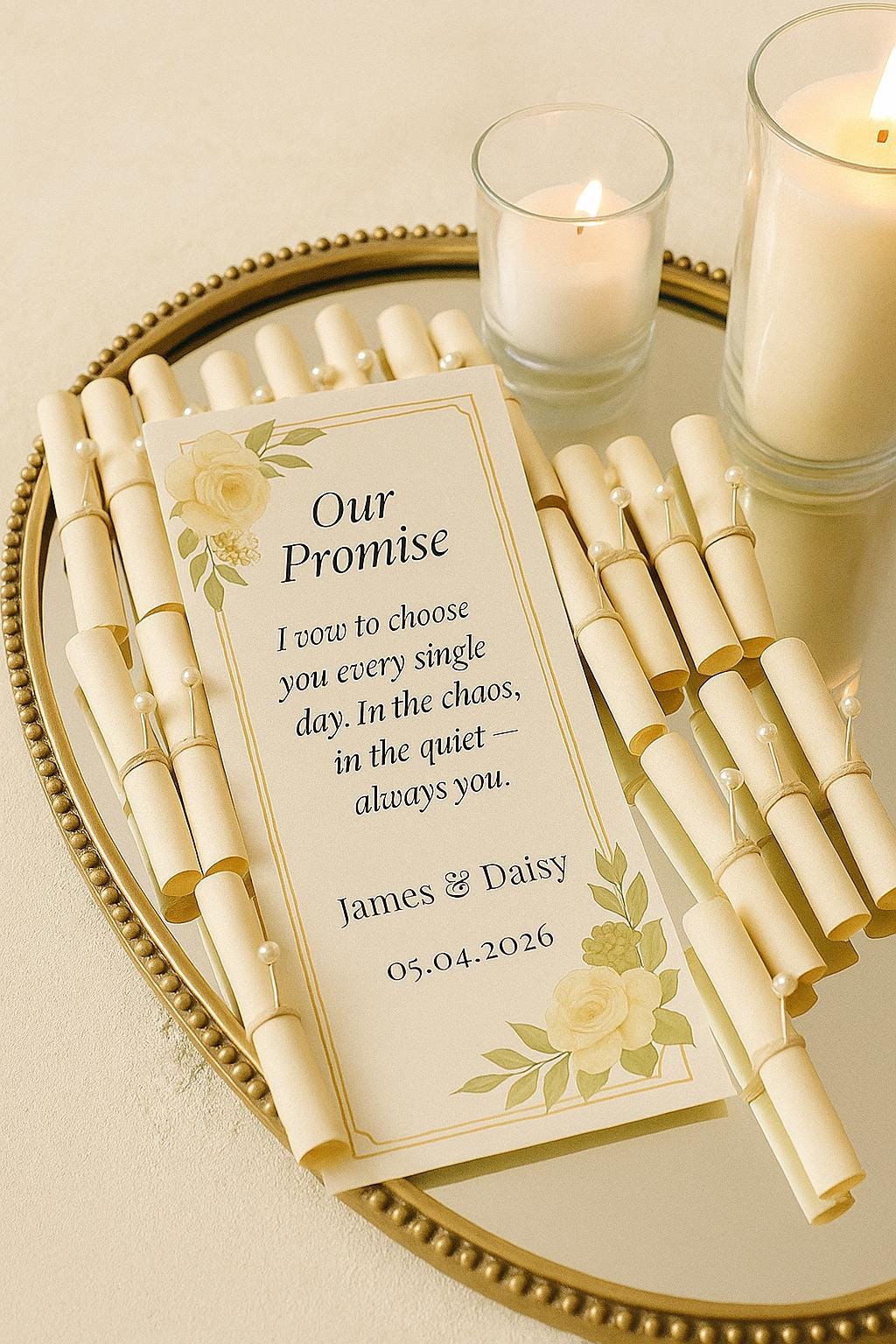 Cream & Gold Wedding Vow Scroll Favor: Floral Keepsake with Ribbon