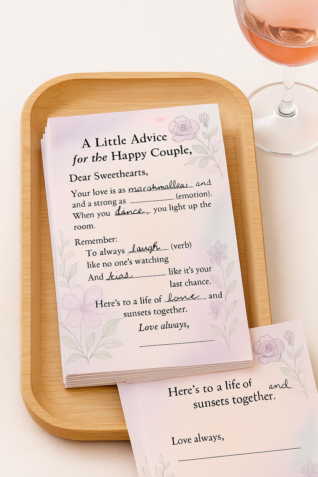 Watercolor Wedding Advice Cards: Fill-in-the-Blank Guest Activity