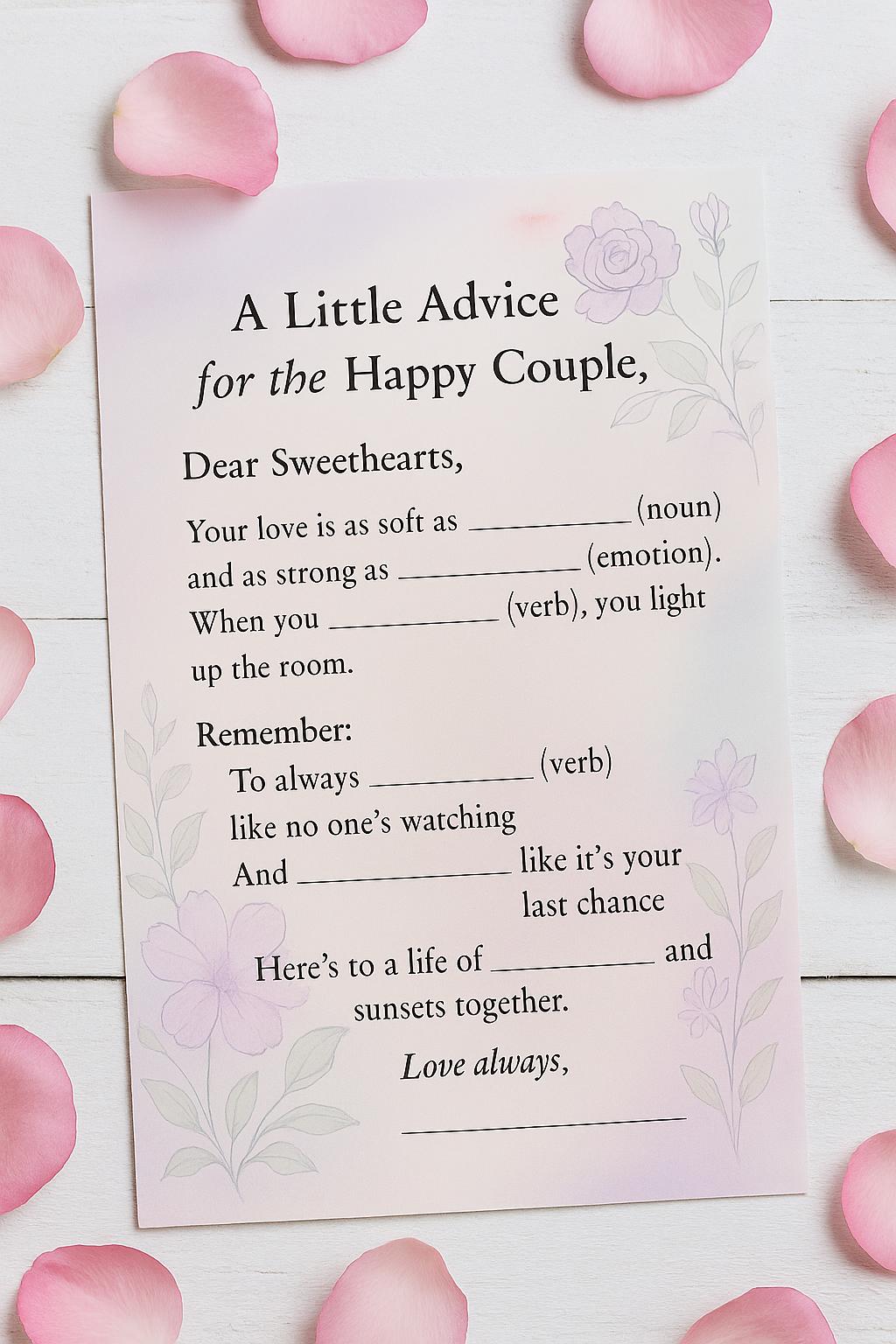 Watercolor Wedding Advice Cards: Fill-in-the-Blank Guest Activity