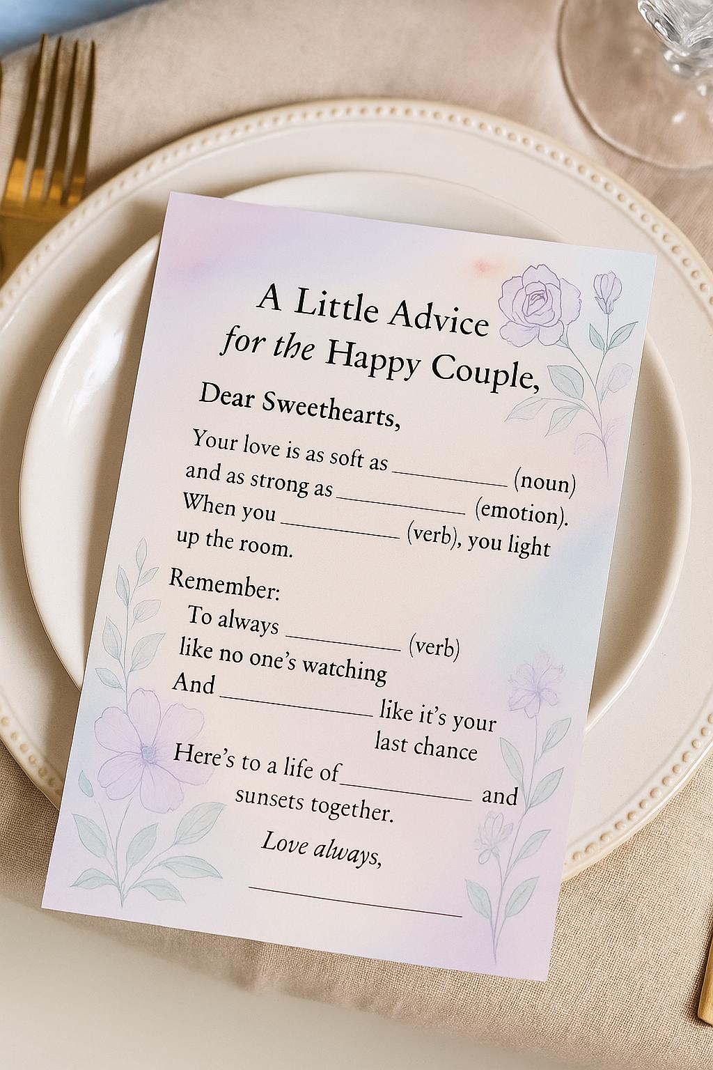 Watercolor Wedding Advice Cards: Fill-in-the-Blank Guest Activity